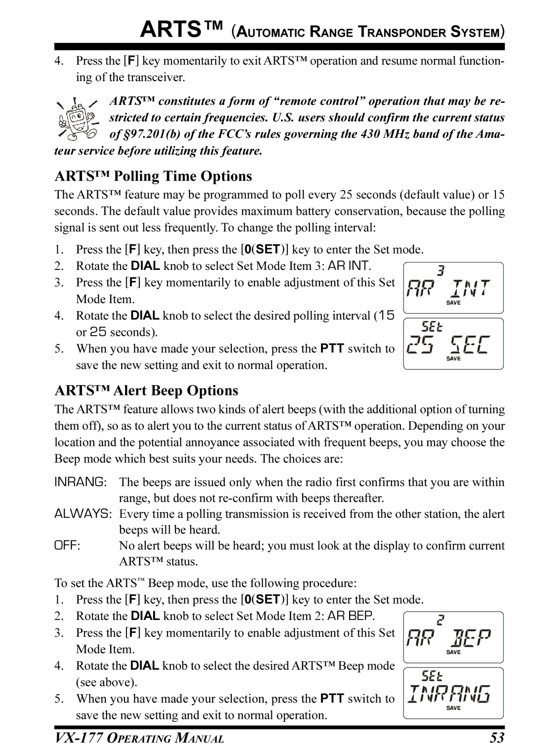 Vertex Standard VX-177 manual Arts Polling Time Options, Arts Alert Beep Options 