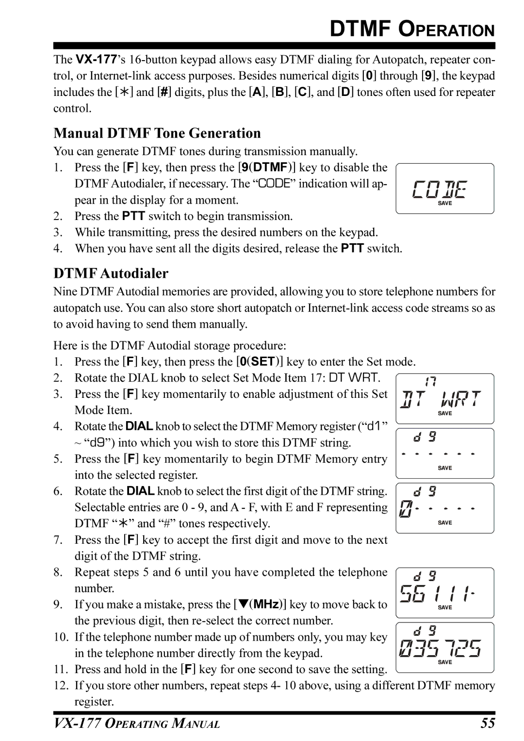 Vertex Standard VX-177 manual Dtmf Operation, Manual Dtmf Tone Generation, Dtmf Autodialer 