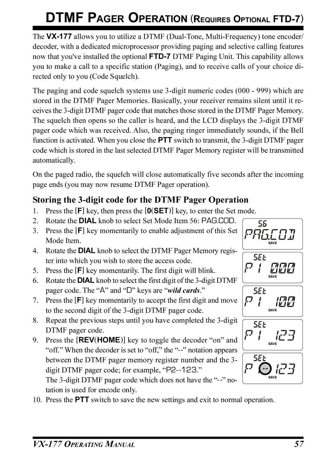 Vertex Standard VX-177 Dtmf Pager Operation Requires Optional FTD-7, Storing the 3-digit code for the Dtmf Pager Operation 