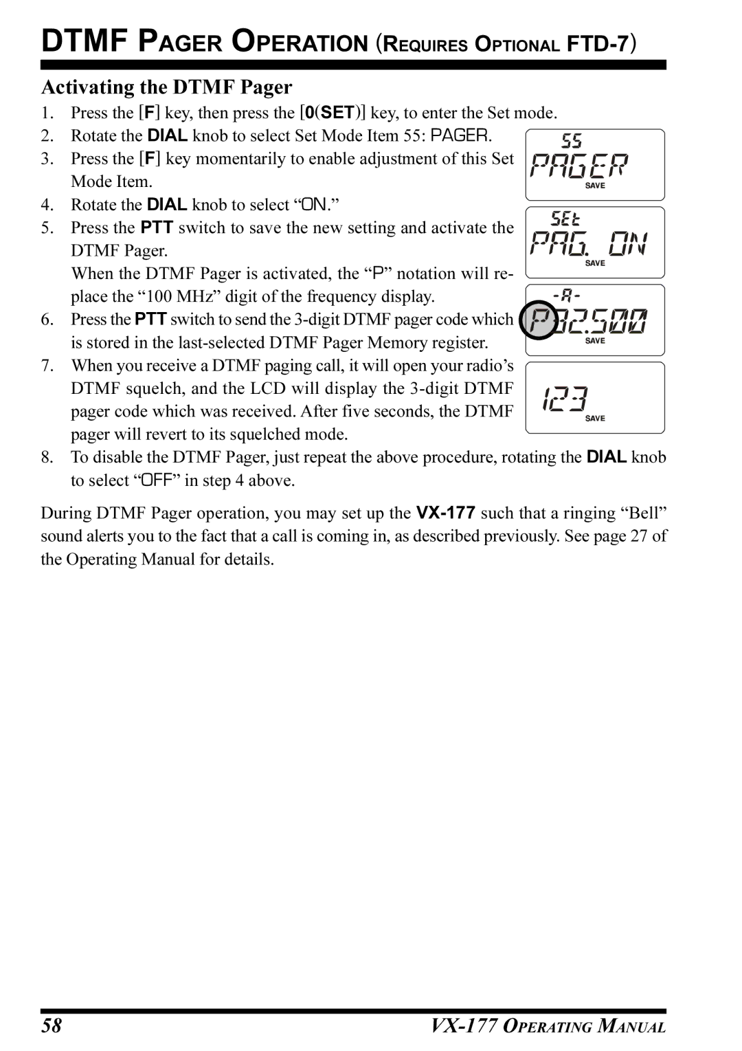 Vertex Standard VX-177 manual Activating the Dtmf Pager 