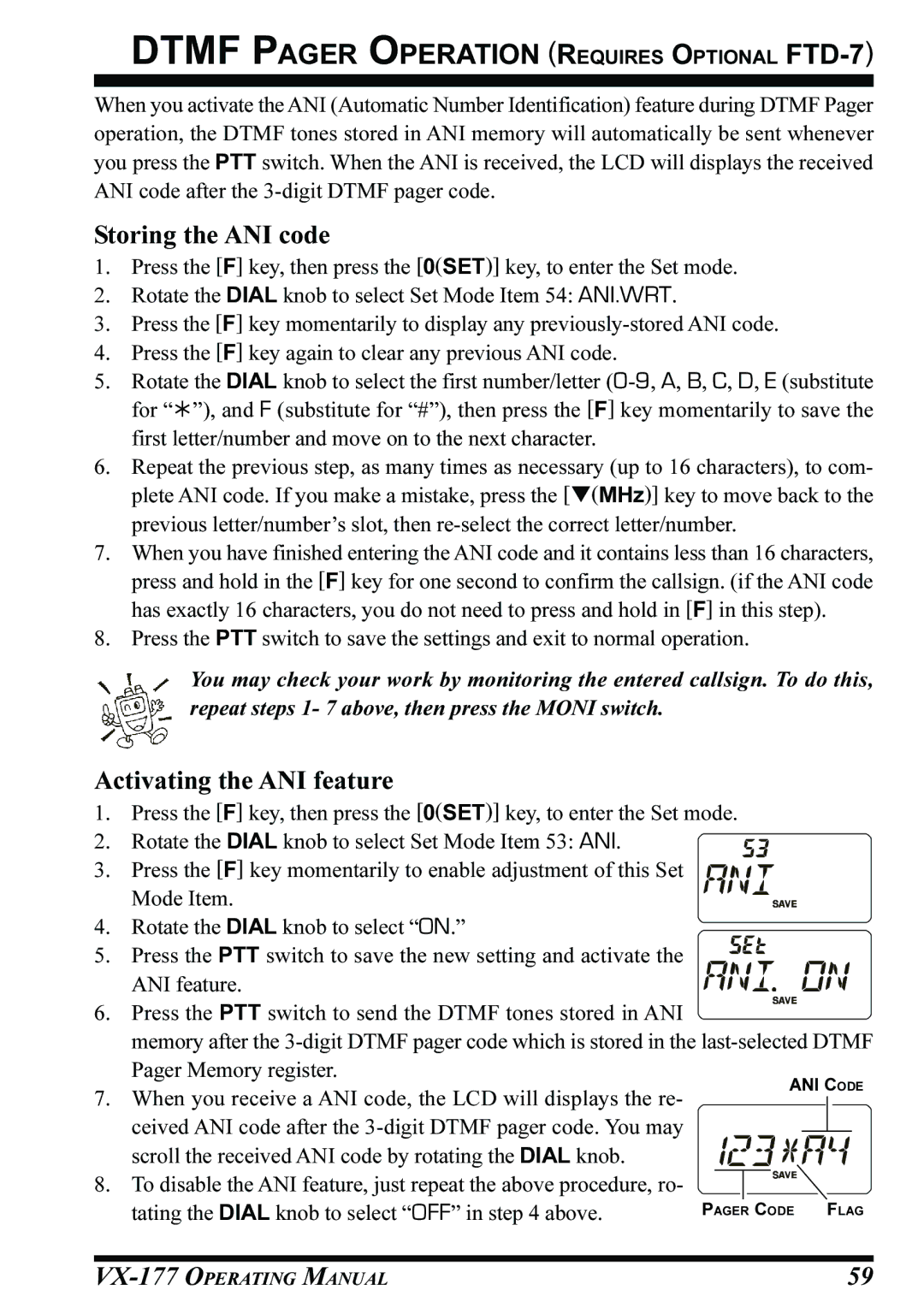 Vertex Standard VX-177 manual Storing the ANI code, Activating the ANI feature 