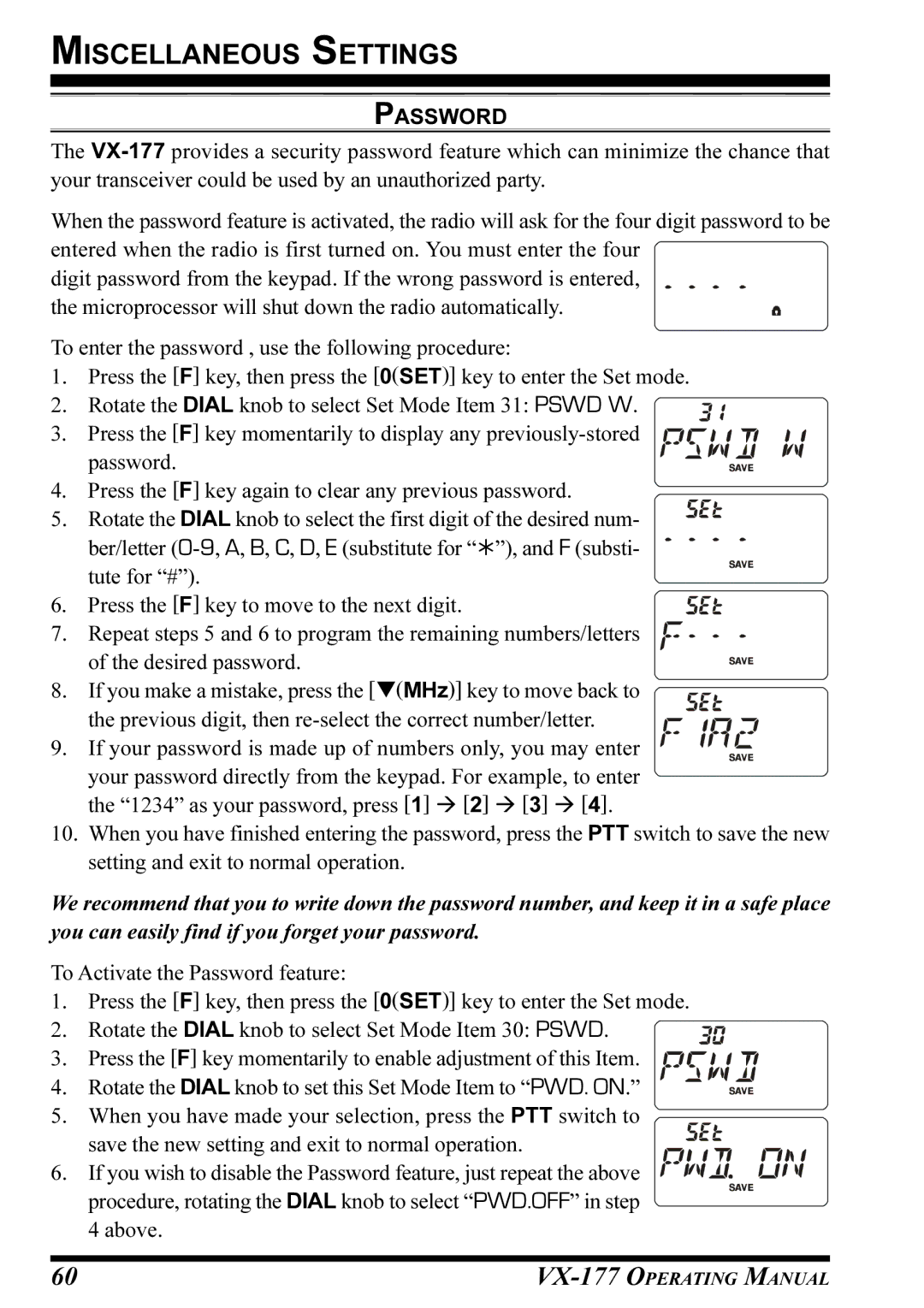 Vertex Standard VX-177 manual Miscellaneous Settings, Password 