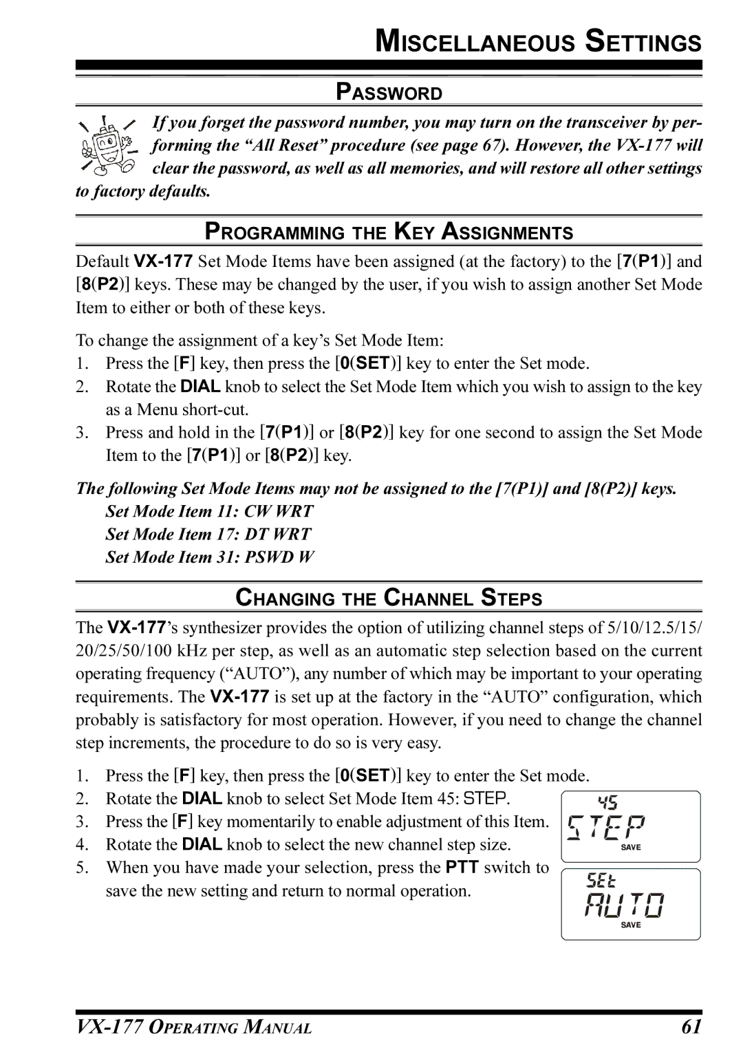 Vertex Standard VX-177 manual Programming the KEY Assignments, Changing the Channel Steps 