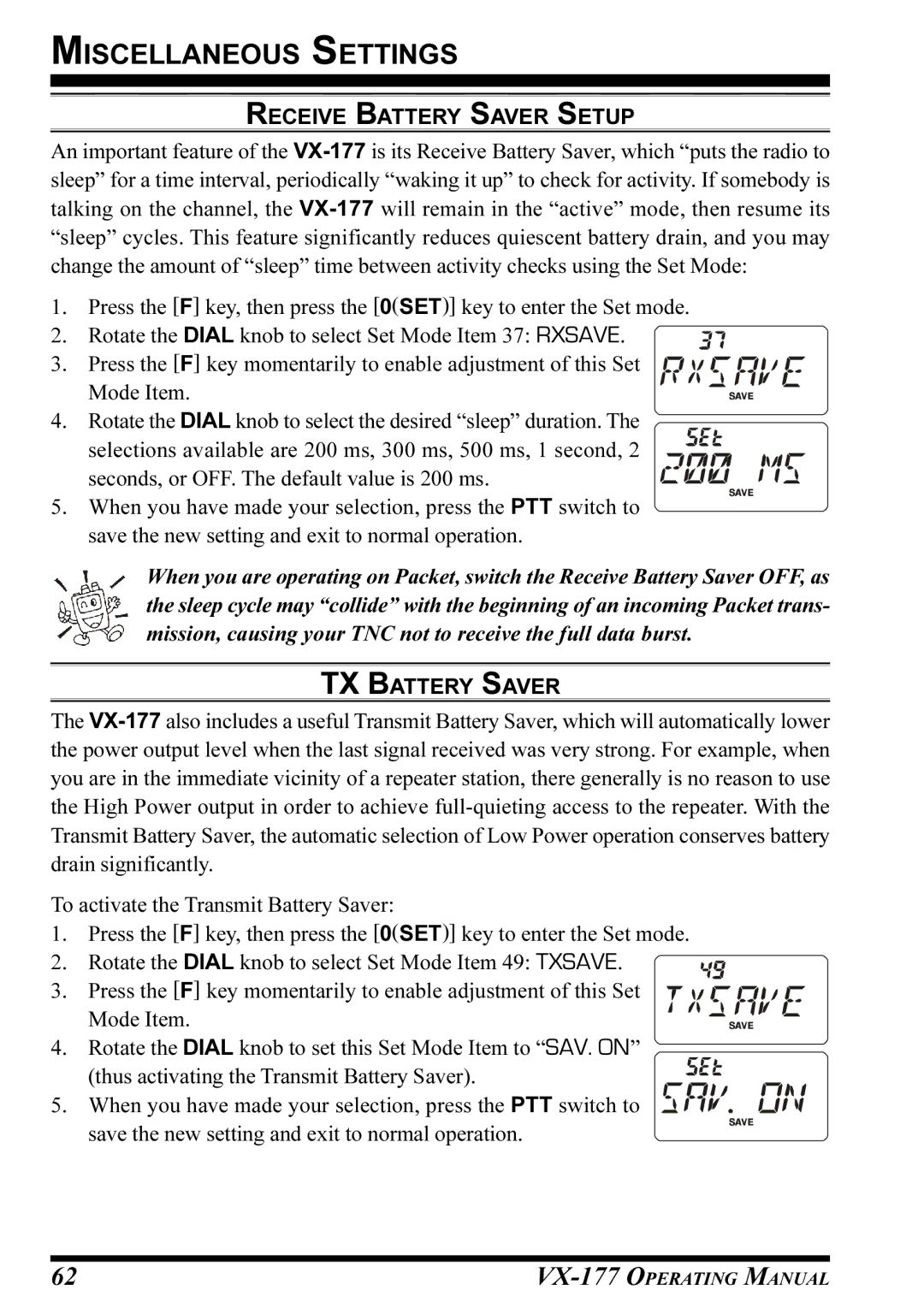 Vertex Standard VX-177 manual Receive Battery Saver Setup, TX Battery Saver 