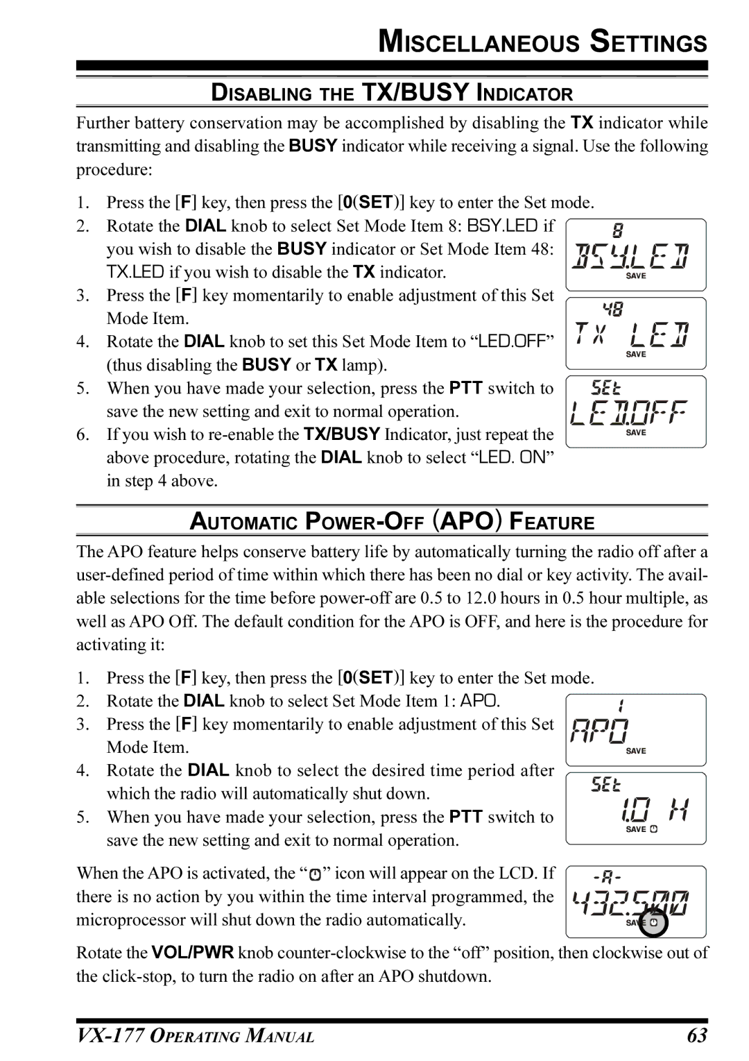 Vertex Standard VX-177 manual Disabling the TX/BUSY Indicator, Automatic POWER-OFF APO Feature 