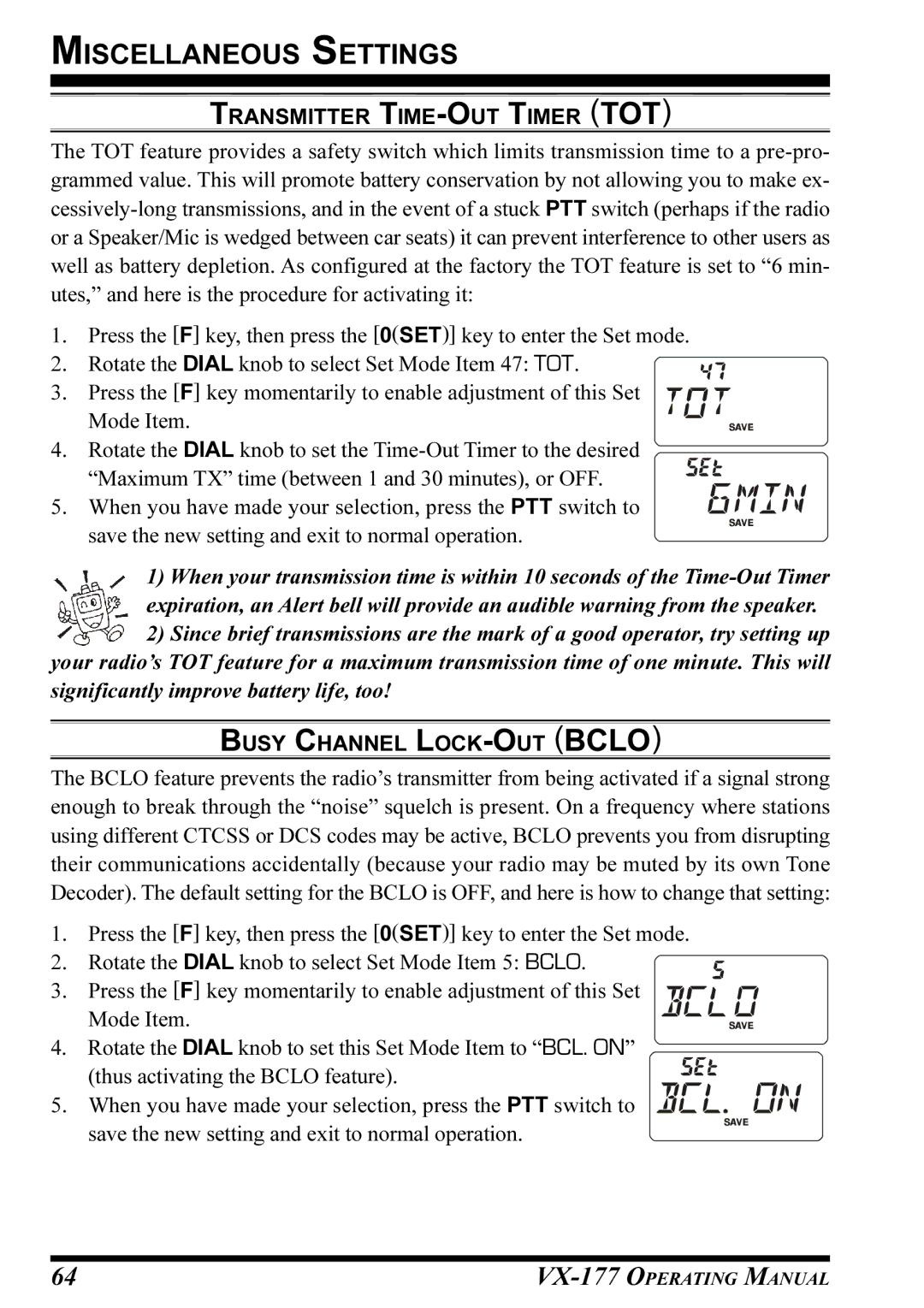 Vertex Standard VX-177 manual Transmitter TIME-OUT Timer TOT, Busy Channel LOCK-OUT Bclo 