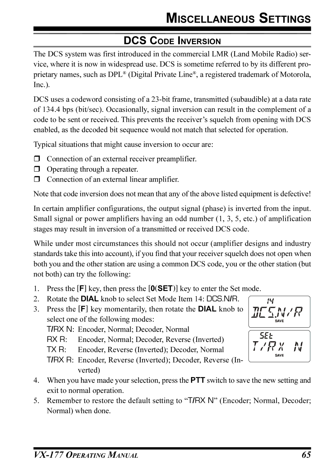 Vertex Standard VX-177 manual DCS Code Inversion 