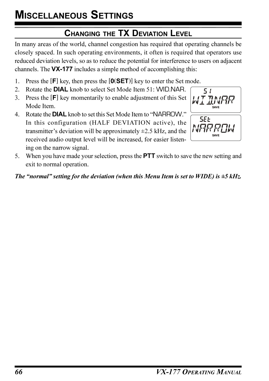 Vertex Standard VX-177 manual Changing the TX Deviation Level 