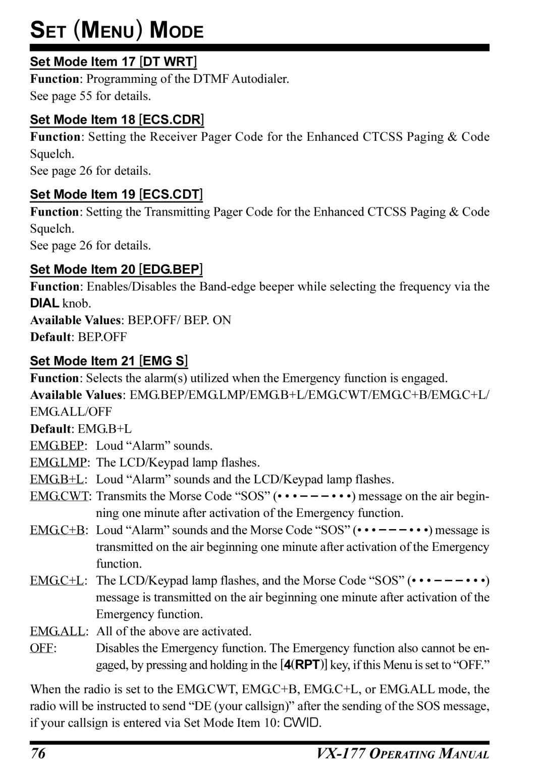 Vertex Standard VX-177 Set Mode Item 17 DT WRT, Set Mode Item 18 ECS.CDR, Set Mode Item 19 ECS.CDT, Set Mode Item 21 EMG S 