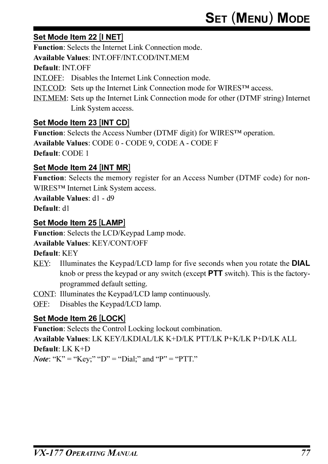 Vertex Standard VX-177 Set Mode Item 22 I NET, Set Mode Item 23 INT CD, Set Mode Item 24 INT MR, Set Mode Item 25 Lamp 