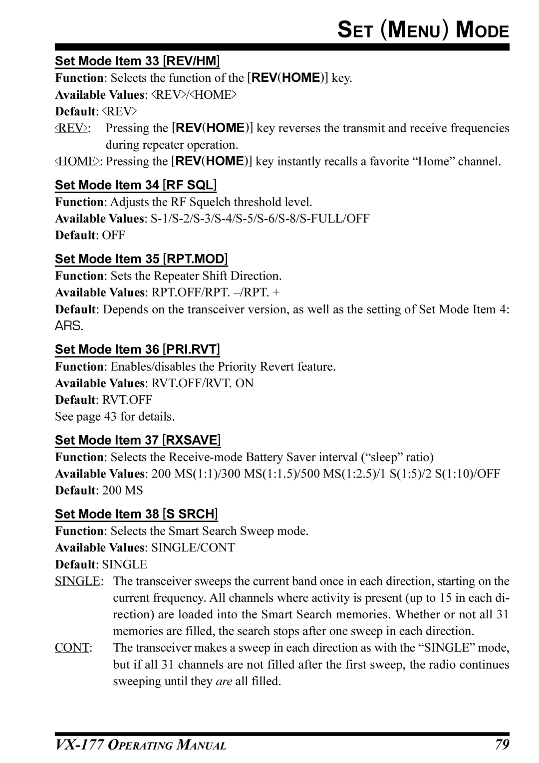 Vertex Standard VX-177 Set Mode Item 33 REV/HM, Set Mode Item 34 RF SQL, Set Mode Item 35 RPT.MOD, Set Mode Item 37 Rxsave 