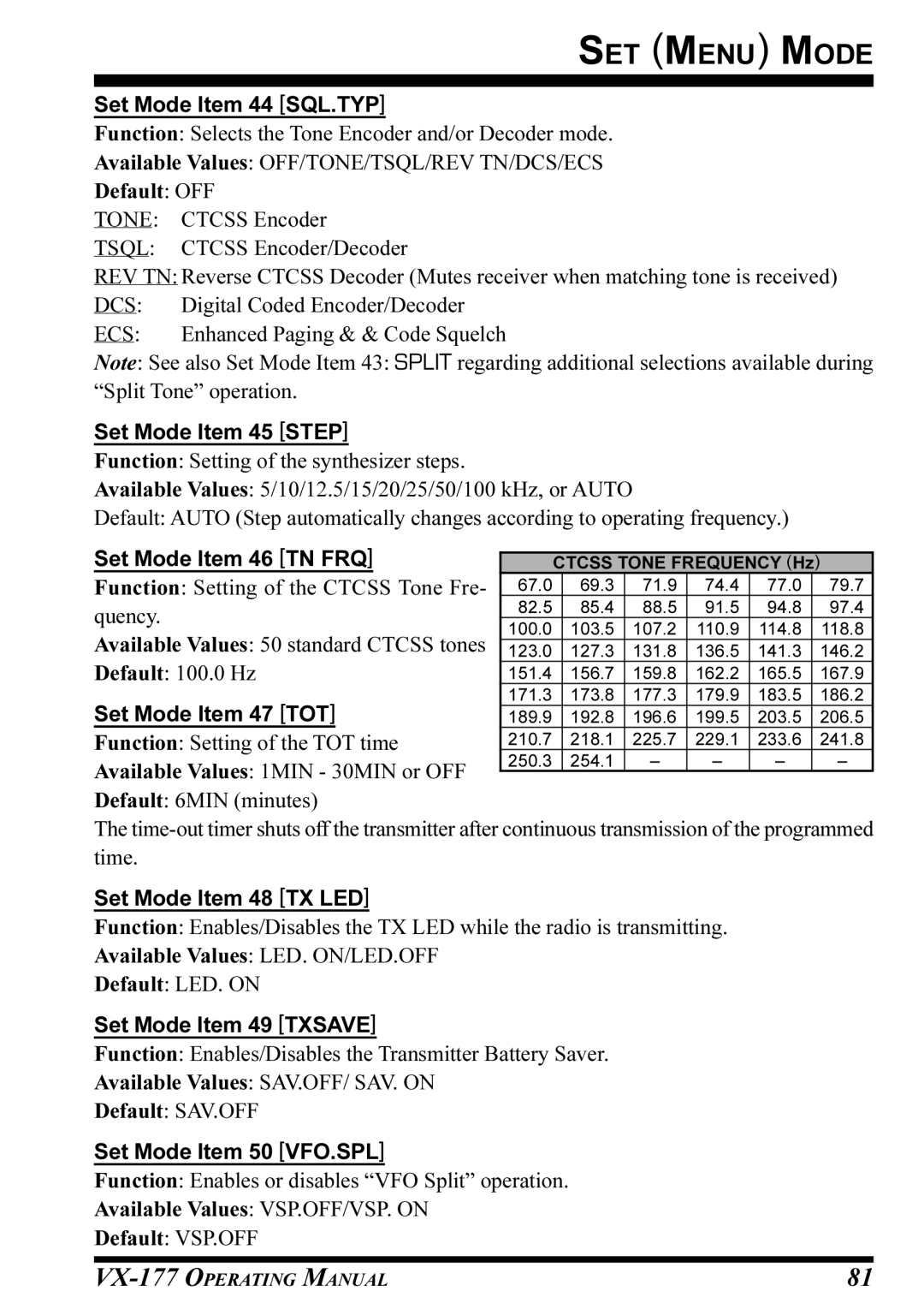 Vertex Standard VX-177 Set Mode Item 44 SQL.TYP, Set Mode Item 45 Step, Set Mode Item 46 TN FRQ, Set Mode Item 47 TOT 