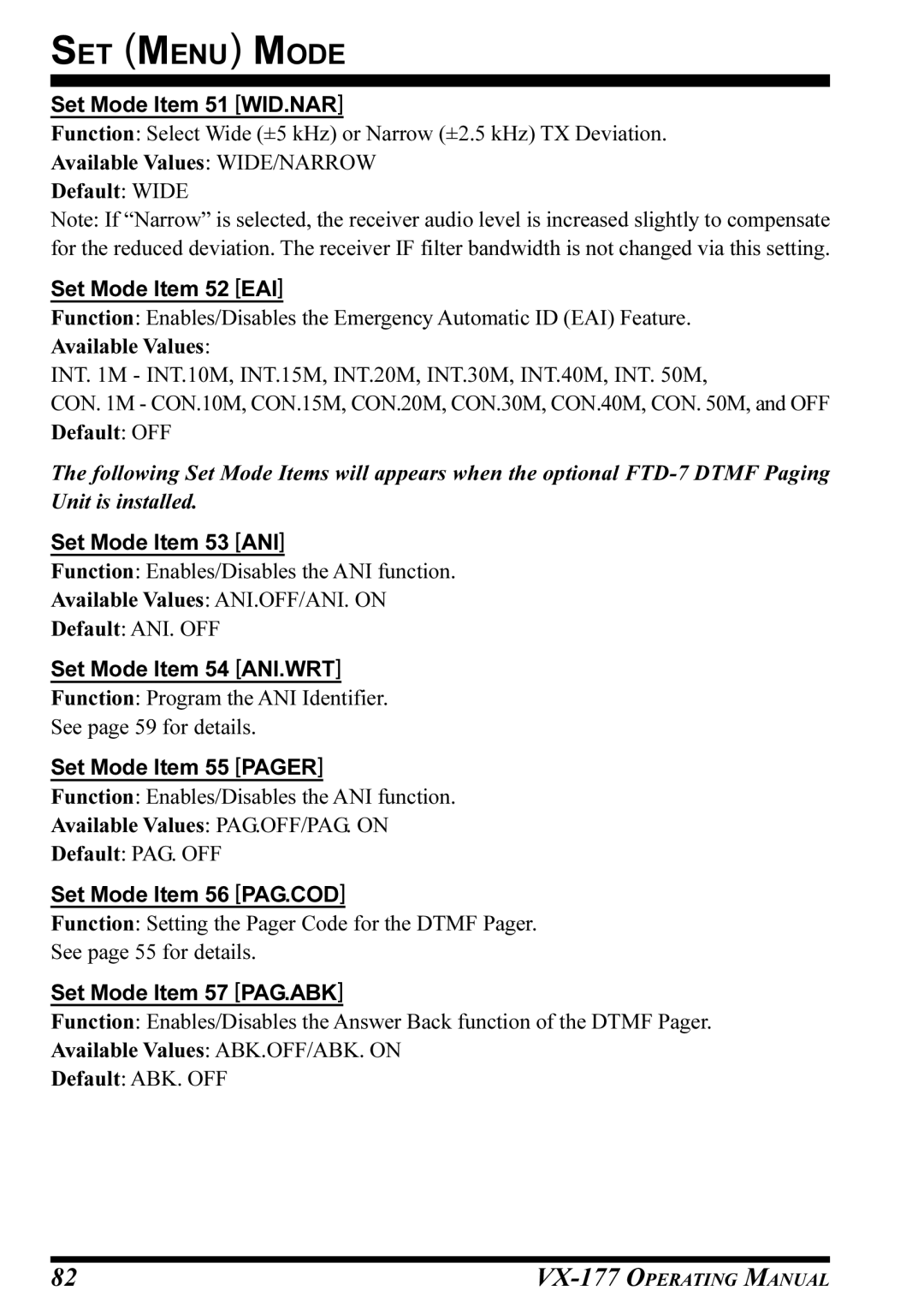 Vertex Standard VX-177 Set Mode Item 51 WID.NAR, Set Mode Item 52 EAI, Set Mode Item 53 ANI, Set Mode Item 54 ANI.WRT 