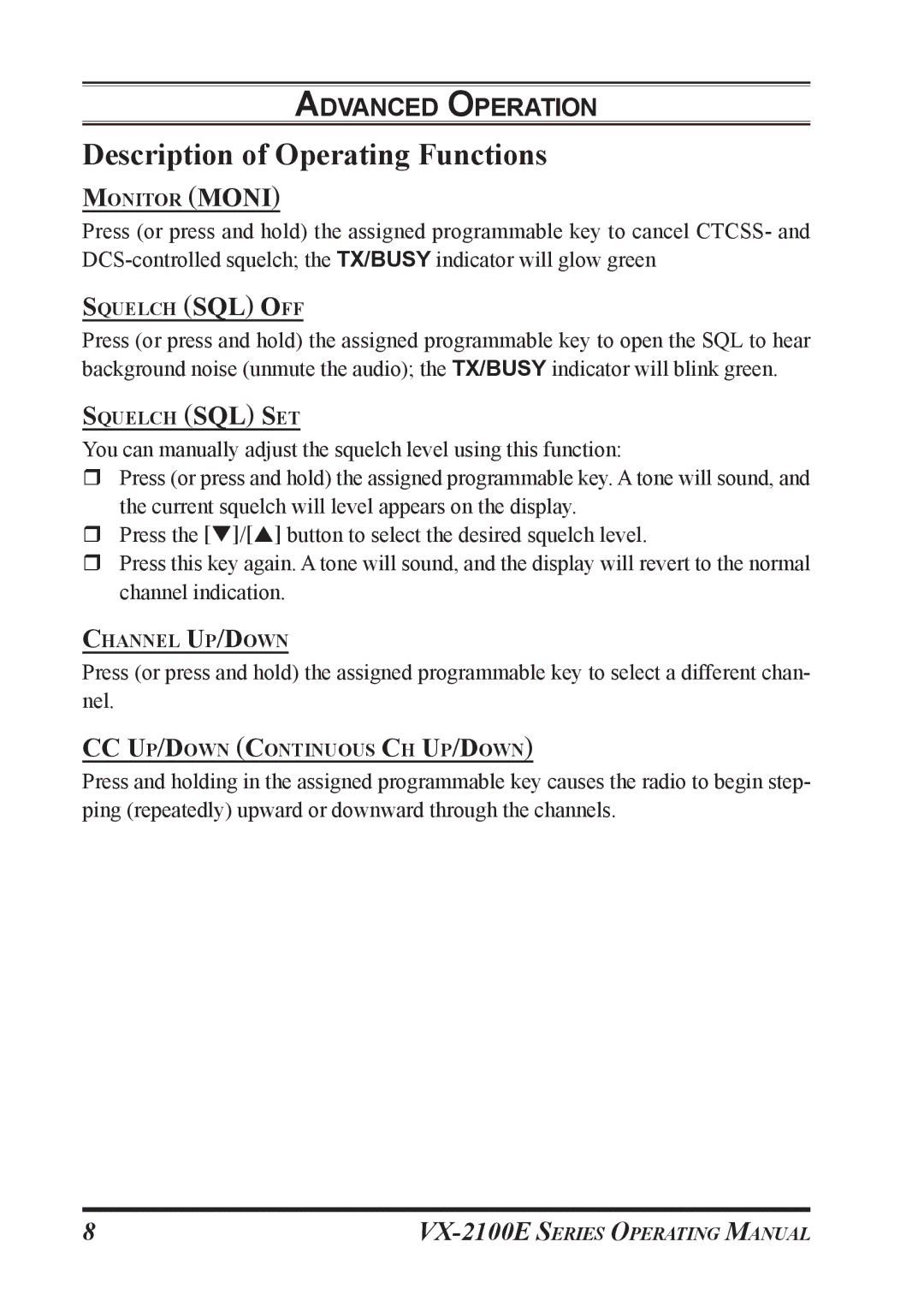 Vertex Standard VX-2100E manual Description of Operating Functions 