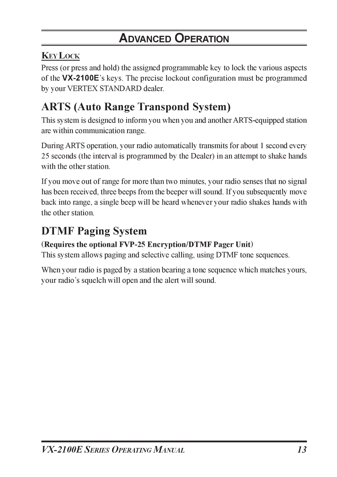 Vertex Standard VX-2100E manual Arts Auto Range Transpond System, Dtmf Paging System 