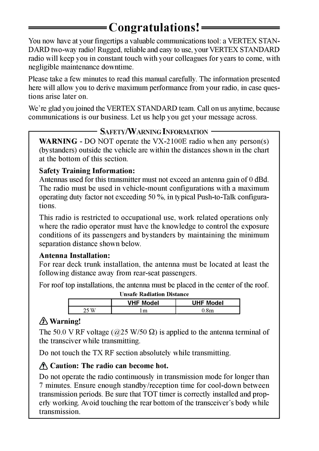 Vertex Standard VX-2100E manual Congratulations 