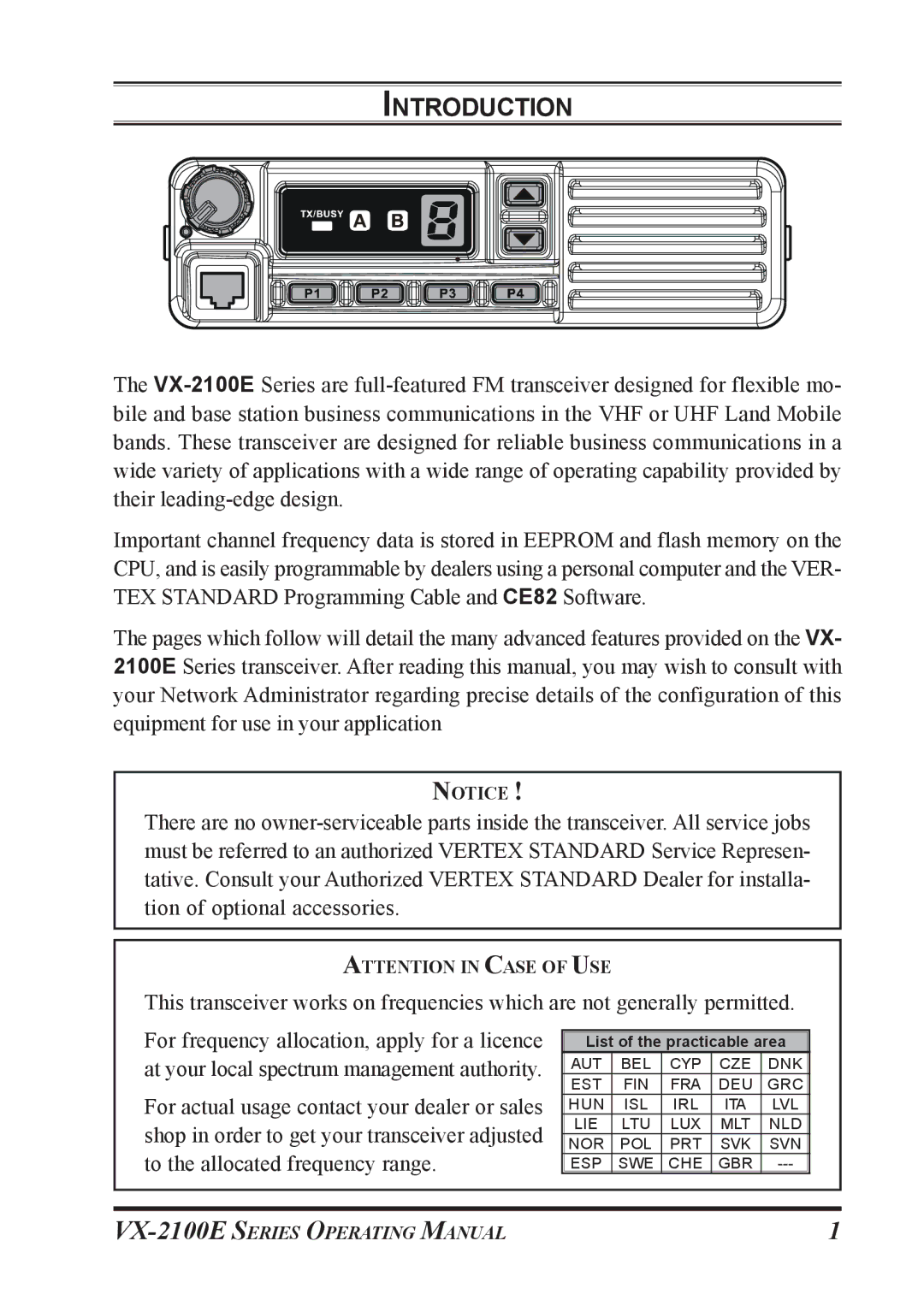 Vertex Standard VX-2100E manual Introduction 