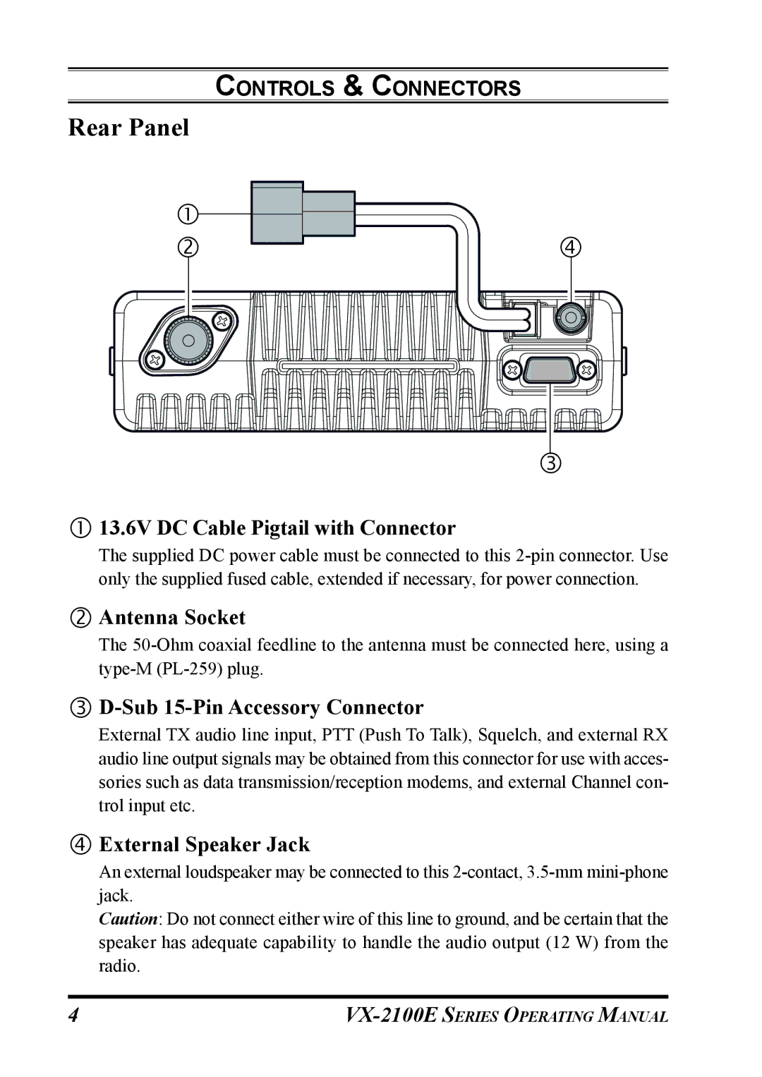 Vertex Standard VX-2100E manual Rear Panel, 13.6V DC Cable Pigtail with Connector 