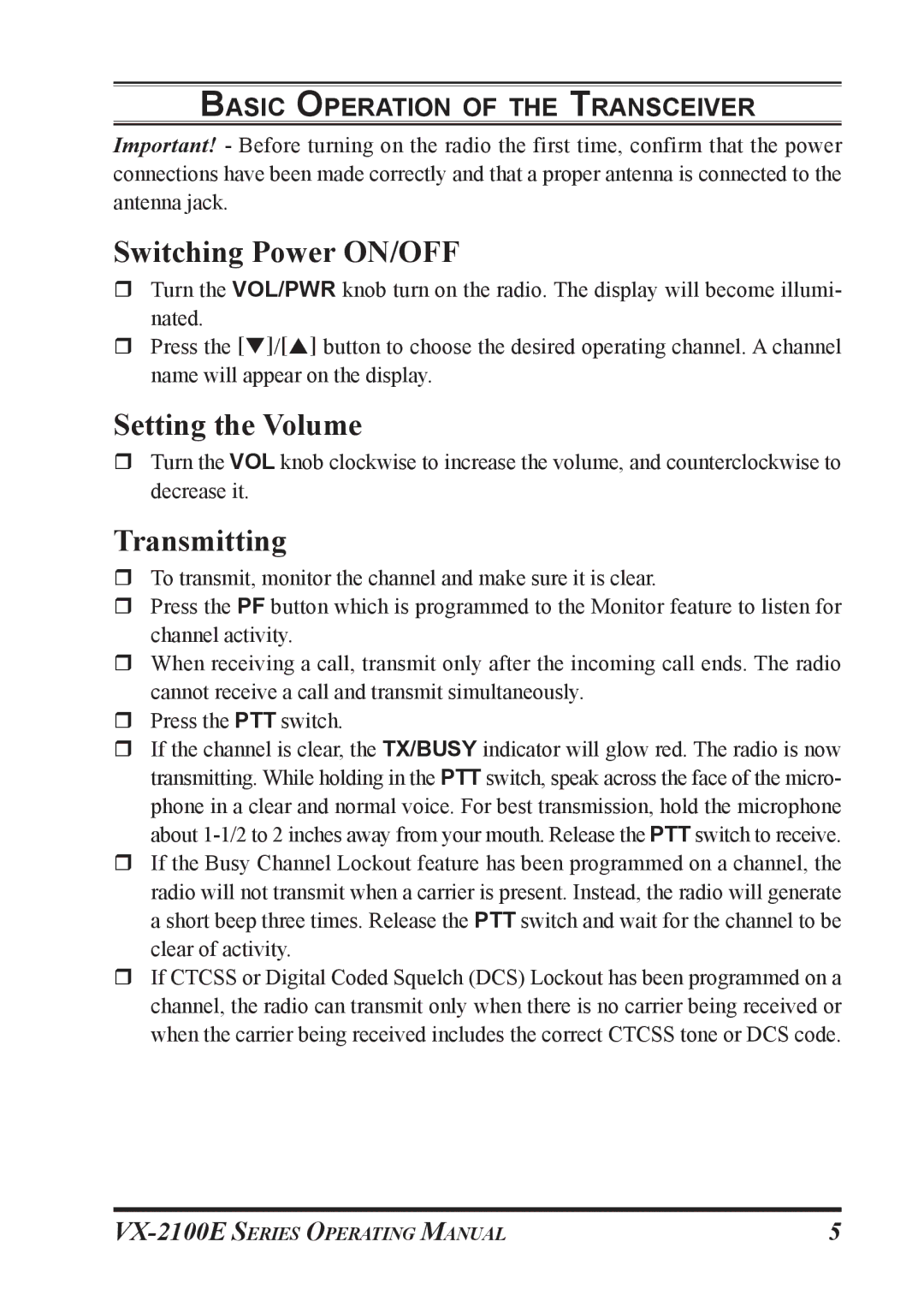 Vertex Standard VX-2100E manual Switching Power ON/OFF, Setting the Volume, Transmitting 