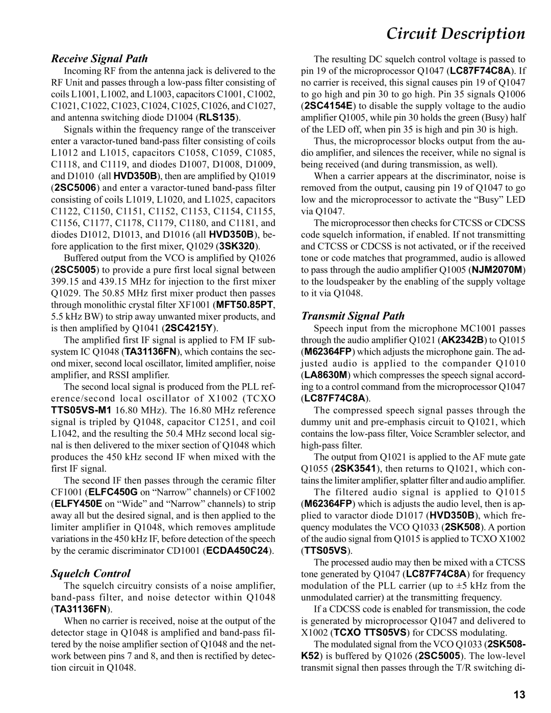 Vertex Standard VX-410 service manual Circuit Description, Receive Signal Path, Squelch Control, Transmit Signal Path 