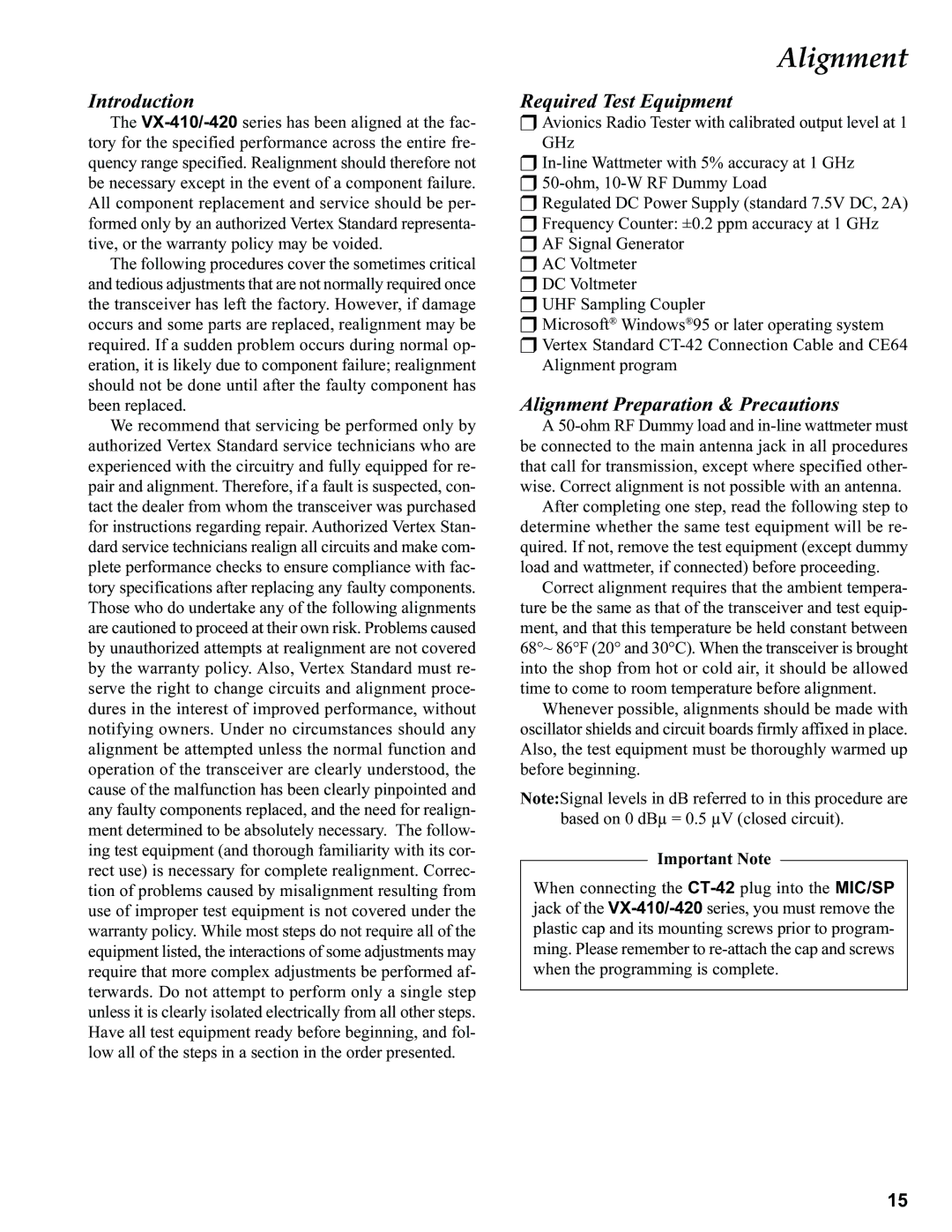 Vertex Standard VX-410 service manual Introduction, Required Test Equipment, Alignment Preparation & Precautions 