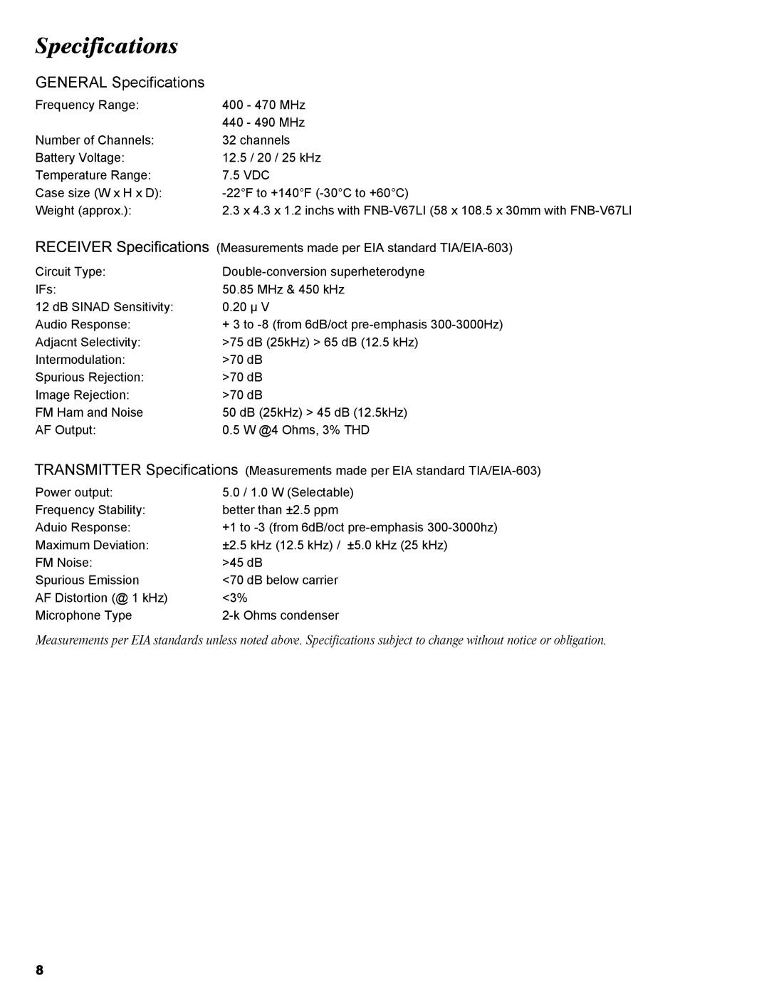 Vertex Standard VX-410 service manual General Specifications 