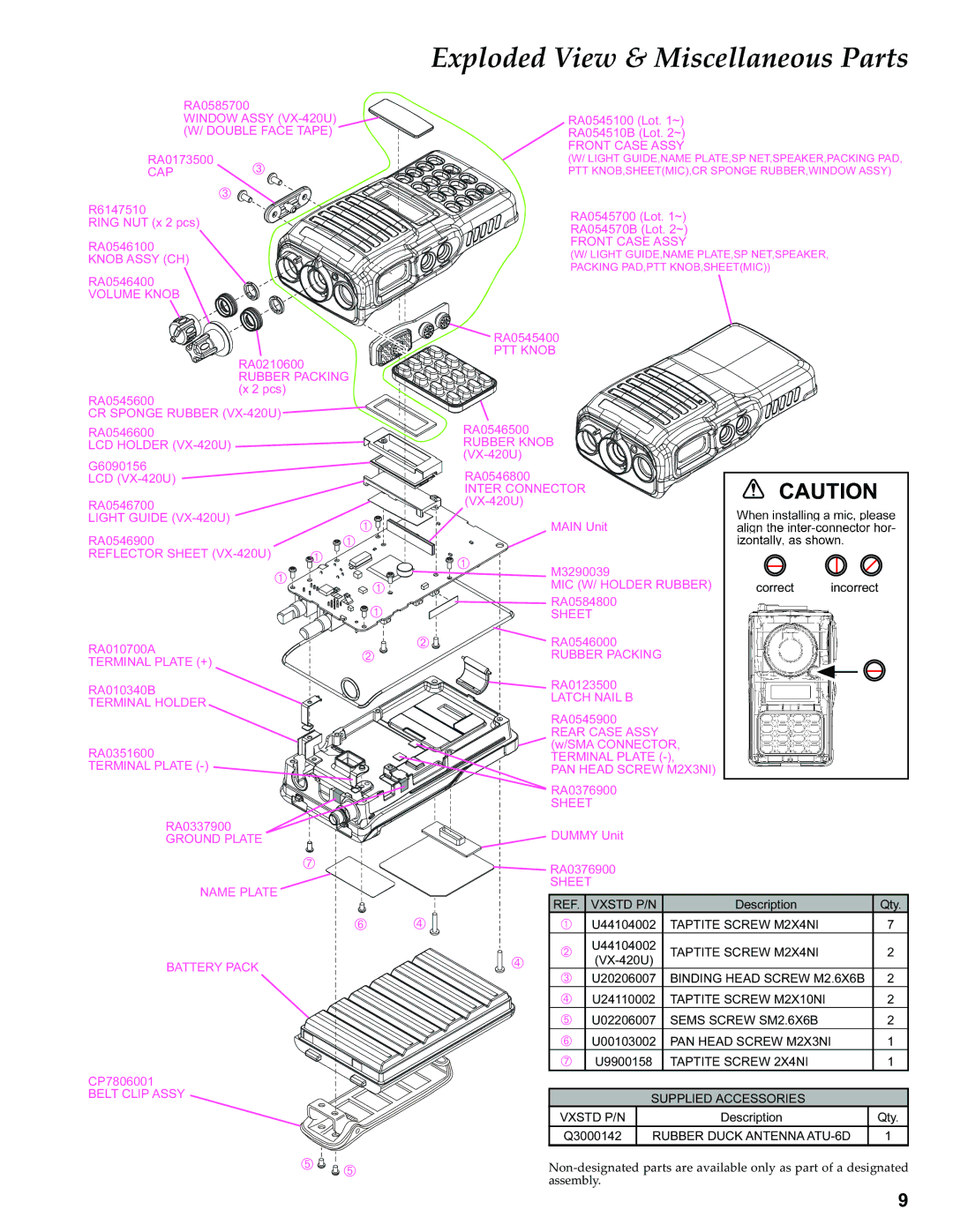 Vertex Standard VX-410 service manual Exploded View & Miscellaneous Parts, Front Case Assy 