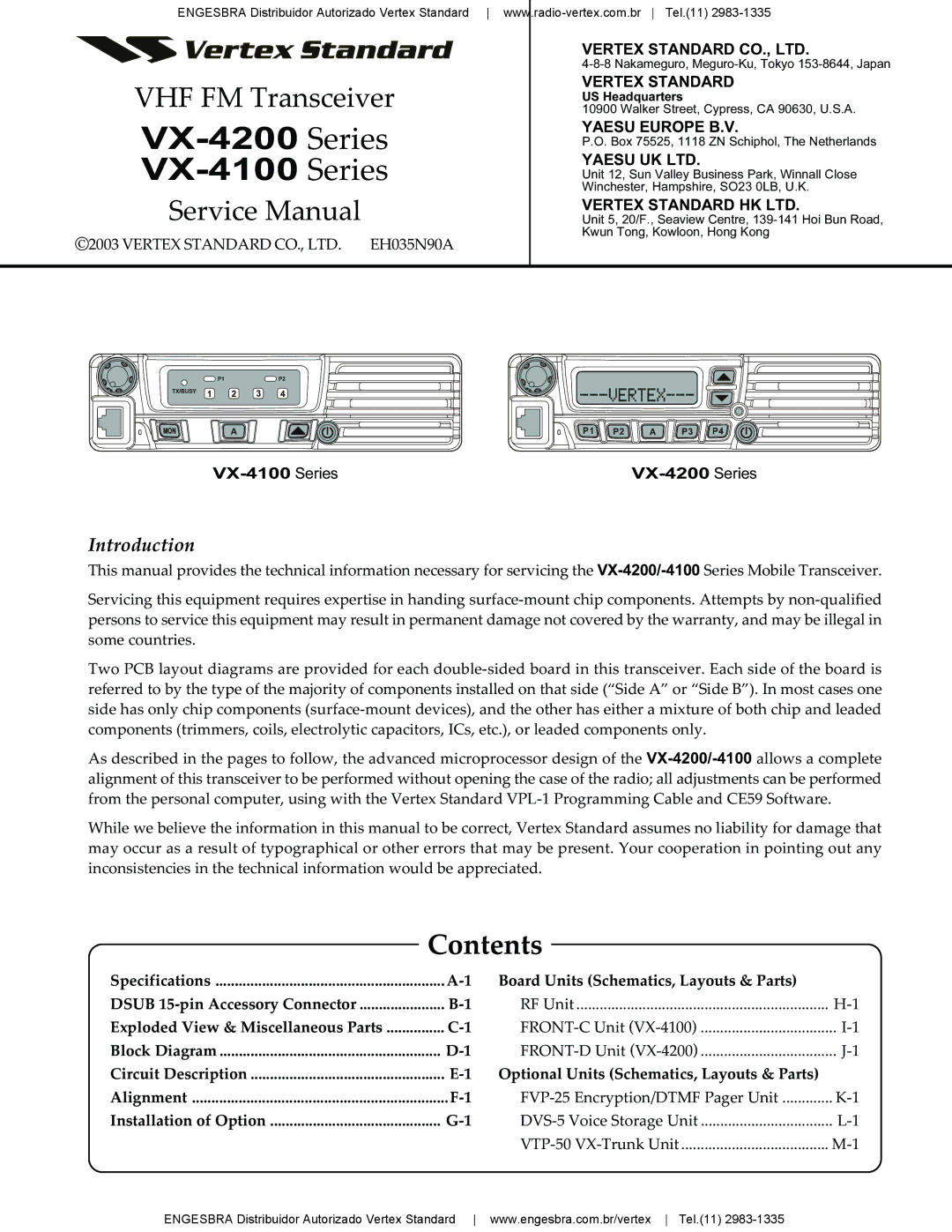 Vertex Standard VX-4200 service manual VHF FM Transceiver, Contents 