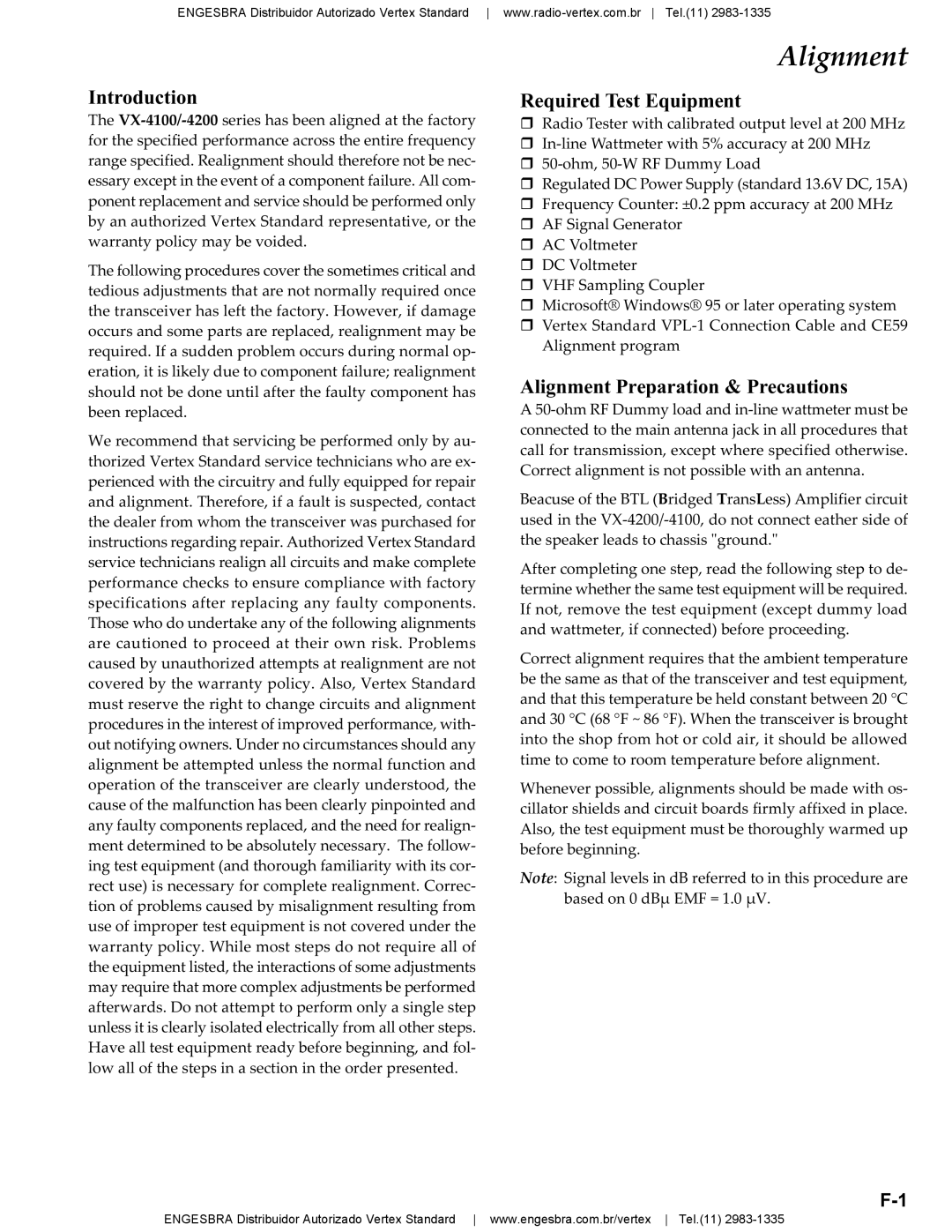 Vertex Standard VX-4200 service manual Alignment, Introduction 