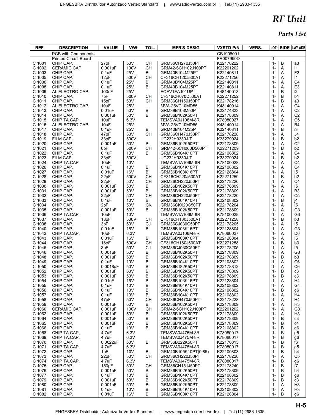 Vertex Standard VX-4200 service manual Parts List 