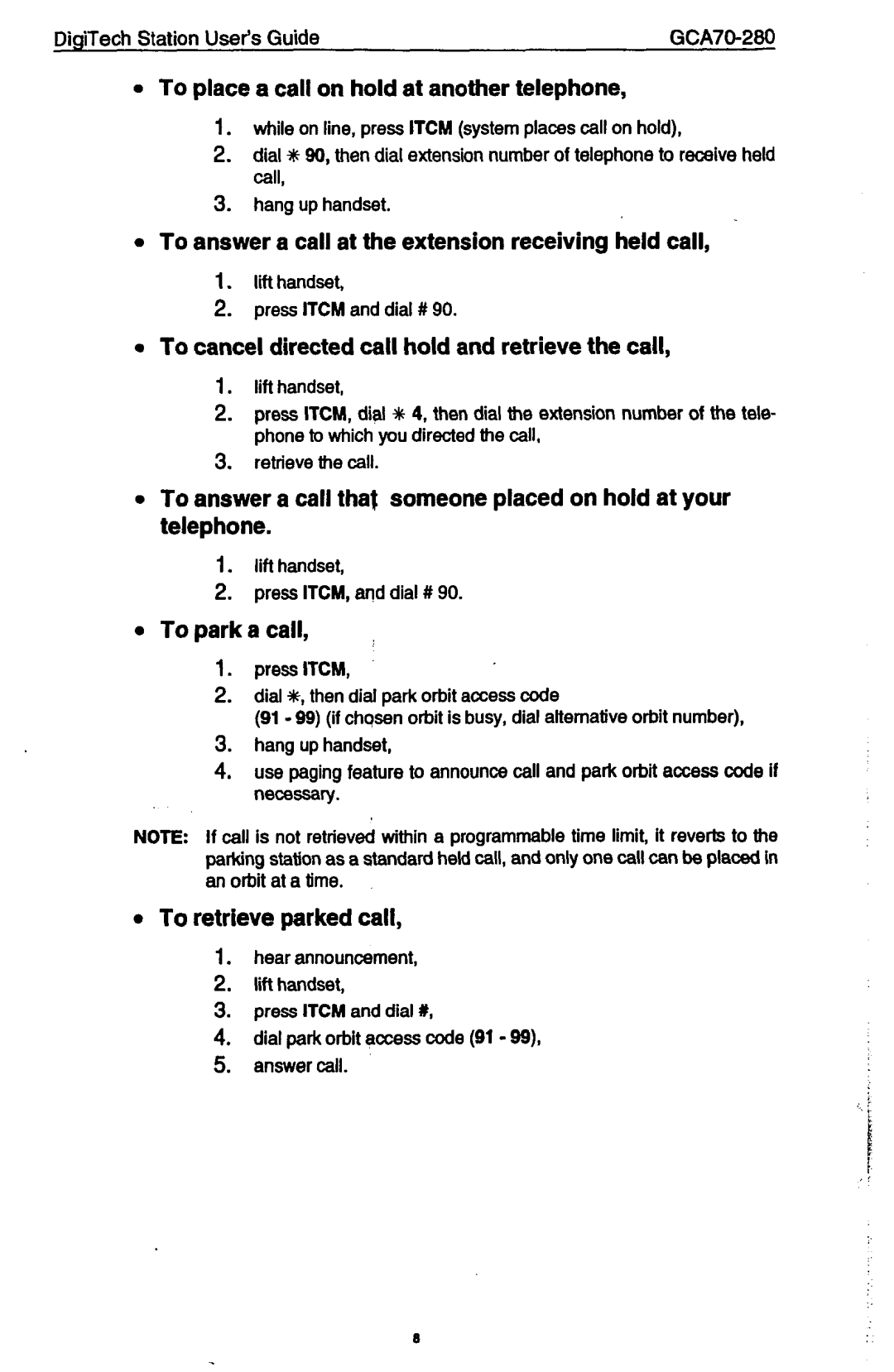 Vertical Communications 7714s, 7714X To place a call on hold at another telephone, To parka call, To retrieve parked call 