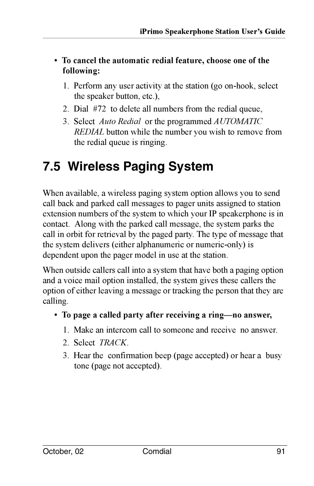 Vertical Communications 8012S manual Wireless Paging System, To page a called party after receiving a ring-no answer 