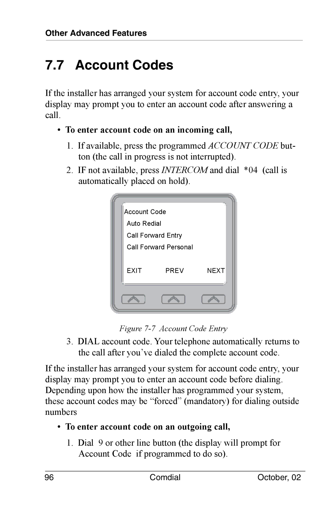 Vertical Communications 8012S manual Account Codes, To enter account code on an incoming call 