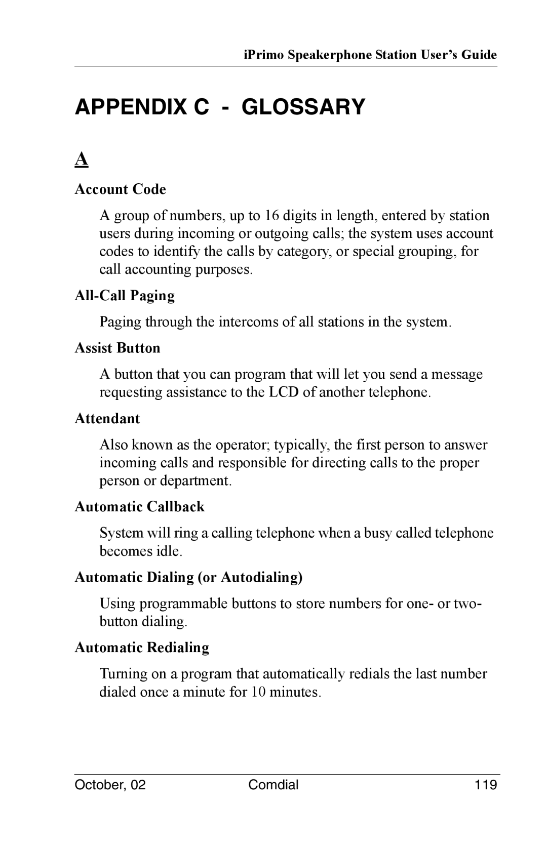 Vertical Communications 8012S manual Account Code, All-Call Paging, Assist Button, Attendant, Automatic Callback 