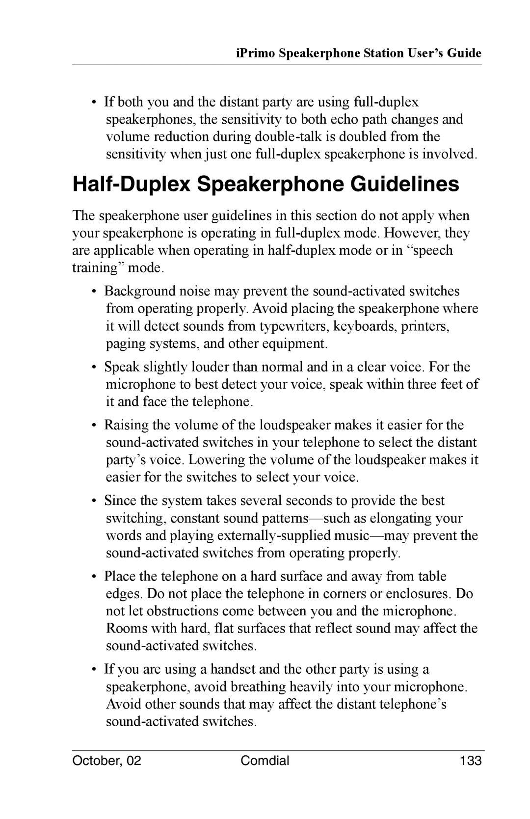 Vertical Communications 8012S manual Half-Duplex Speakerphone Guidelines 