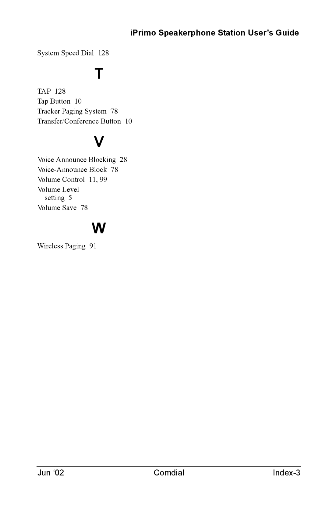 Vertical Communications 8012S manual Jun ‘02 Comdial Index-3 