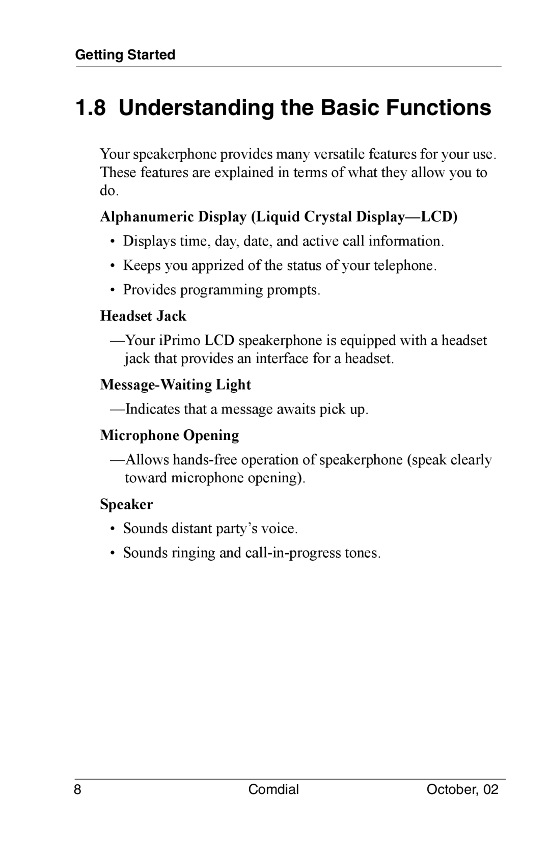 Vertical Communications 8012S manual Understanding the Basic Functions 