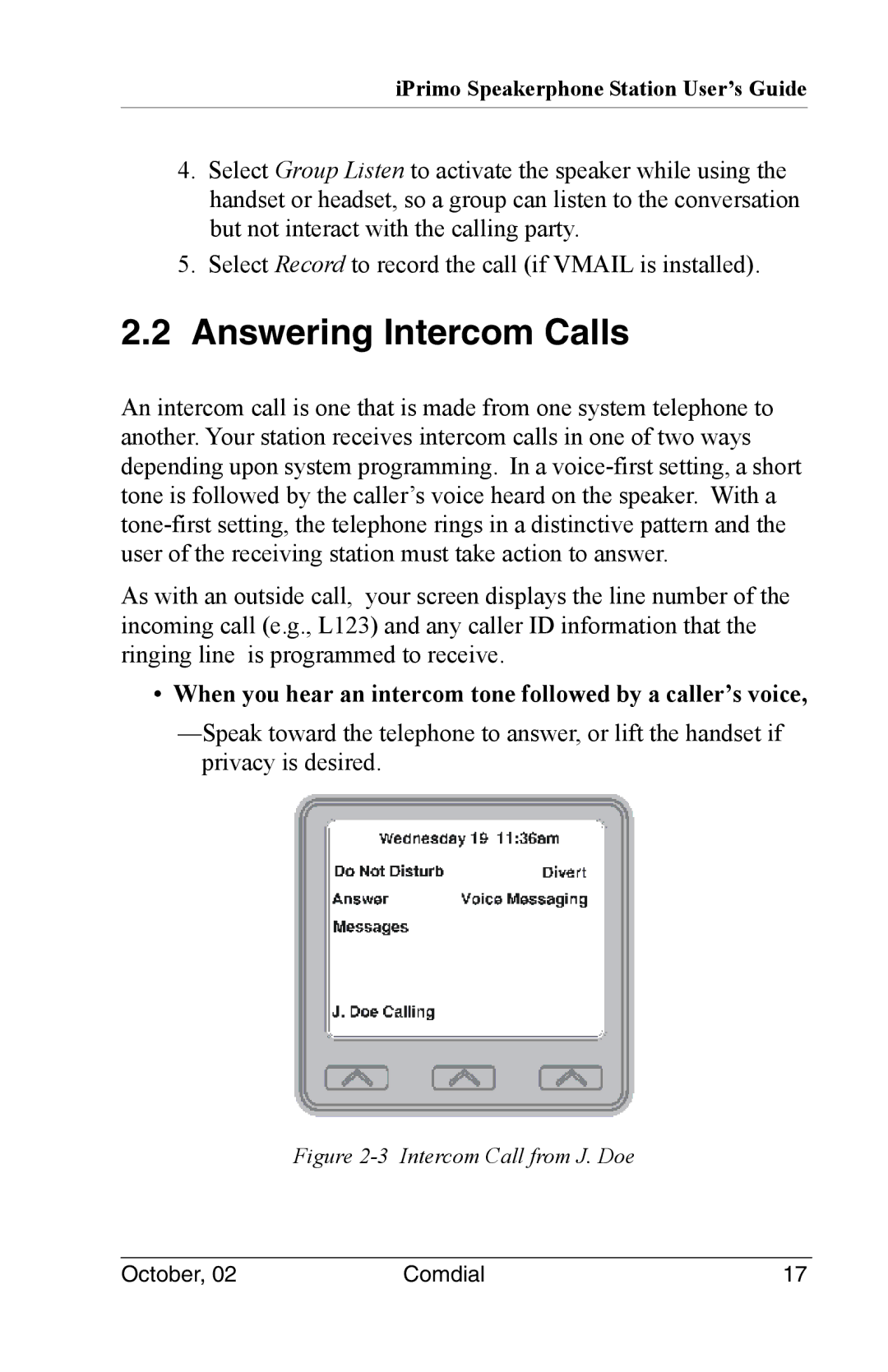 Vertical Communications 8012S manual Answering Intercom Calls, When you hear an intercom tone followed by a caller’s voice 