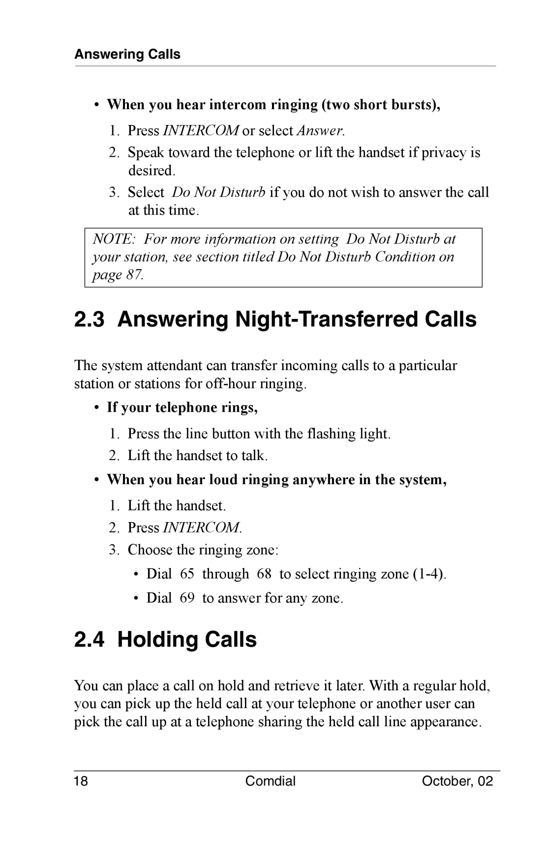 Vertical Communications 8012S manual Answering Night-Transferred Calls, Holding Calls, If your telephone rings 