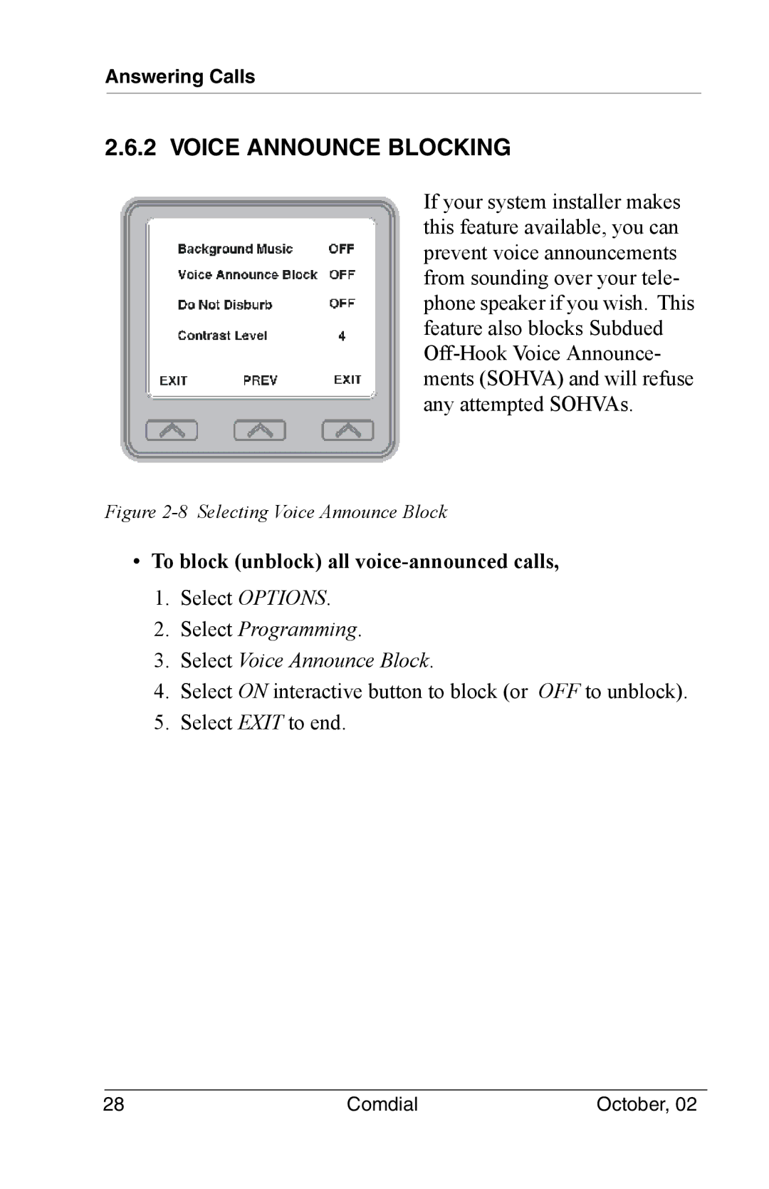 Vertical Communications 8012S manual Voice Announce Blocking, To block unblock all voice-announced calls 