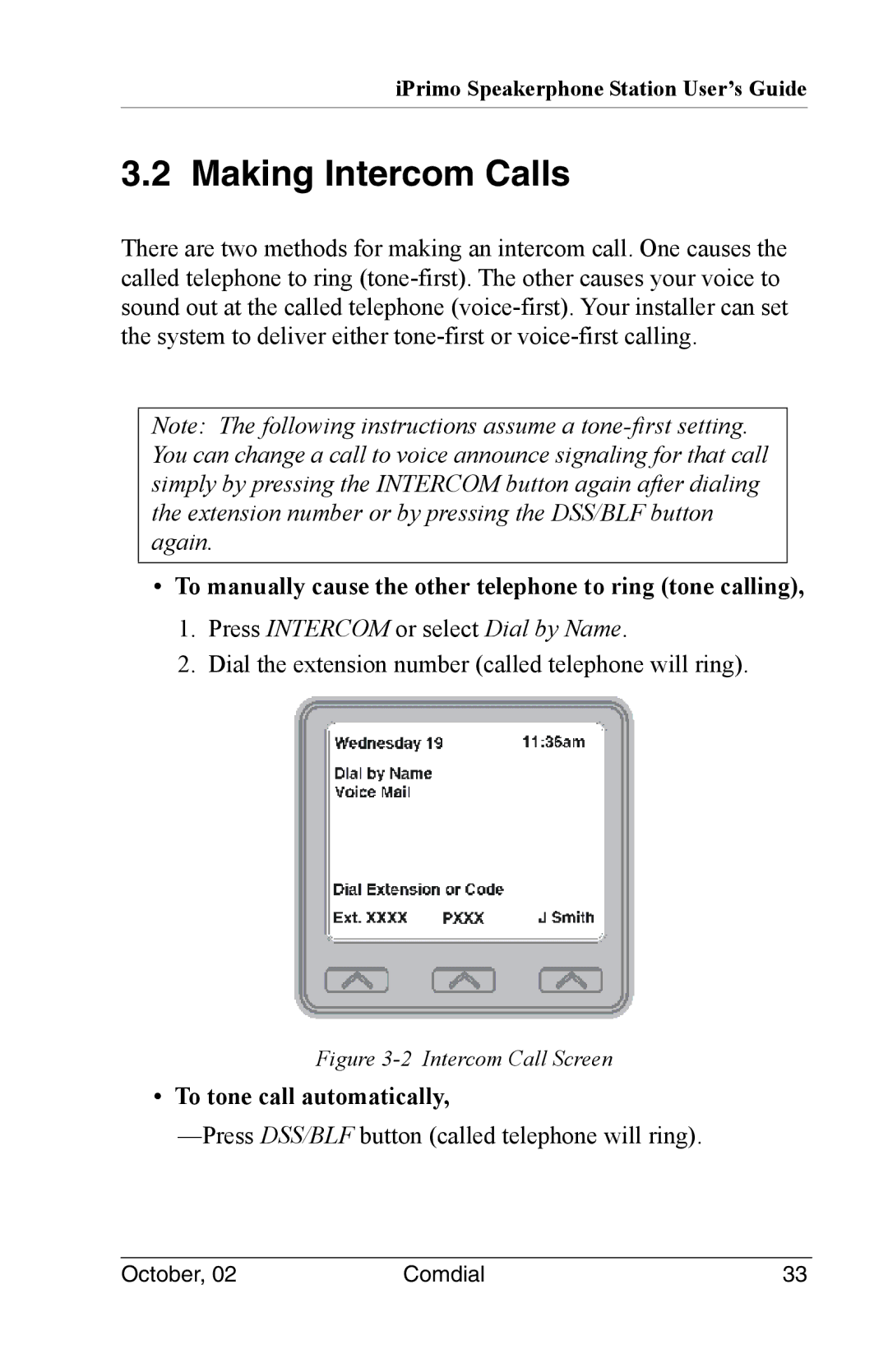 Vertical Communications 8012S Making Intercom Calls, To manually cause the other telephone to ring tone calling 