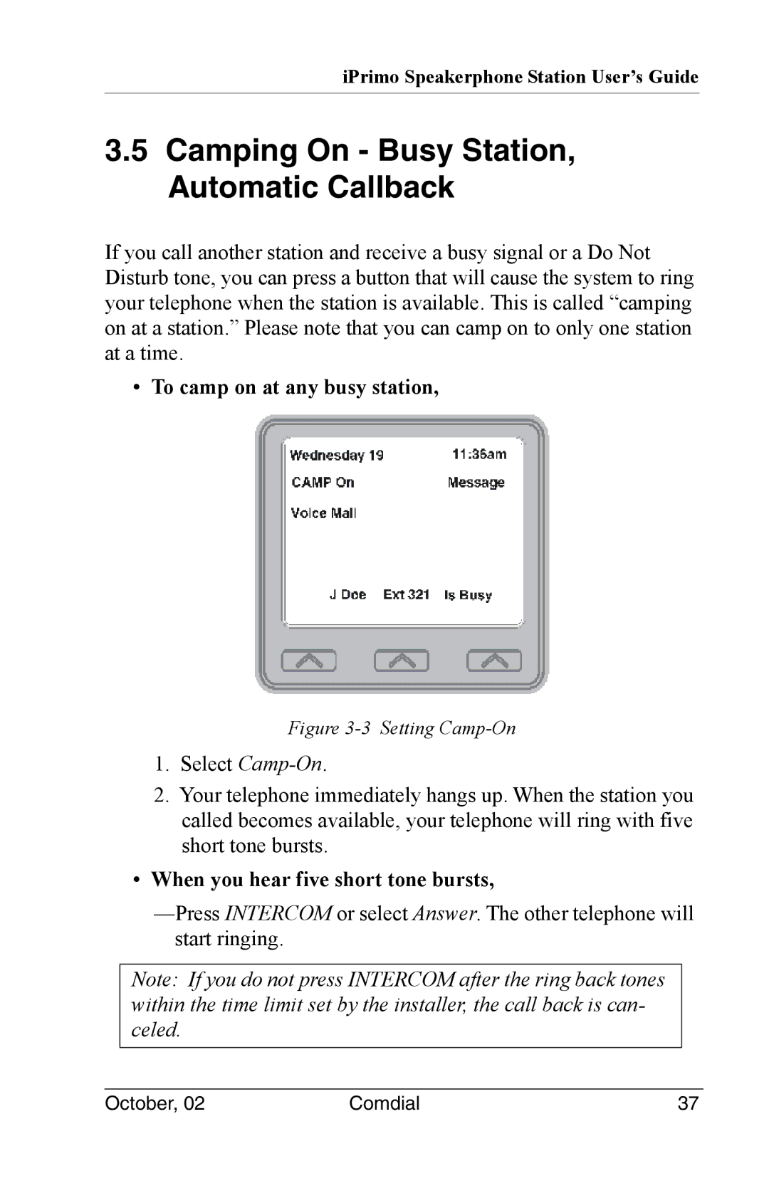 Vertical Communications 8012S manual Camping On Busy Station, Automatic Callback, To camp on at any busy station 