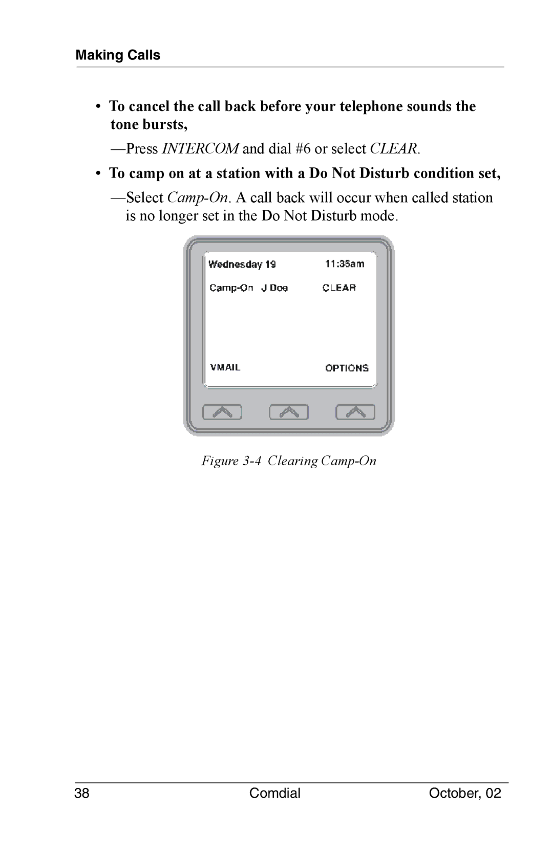 Vertical Communications 8012S manual To camp on at a station with a Do Not Disturb condition set, Clearing Camp-On 