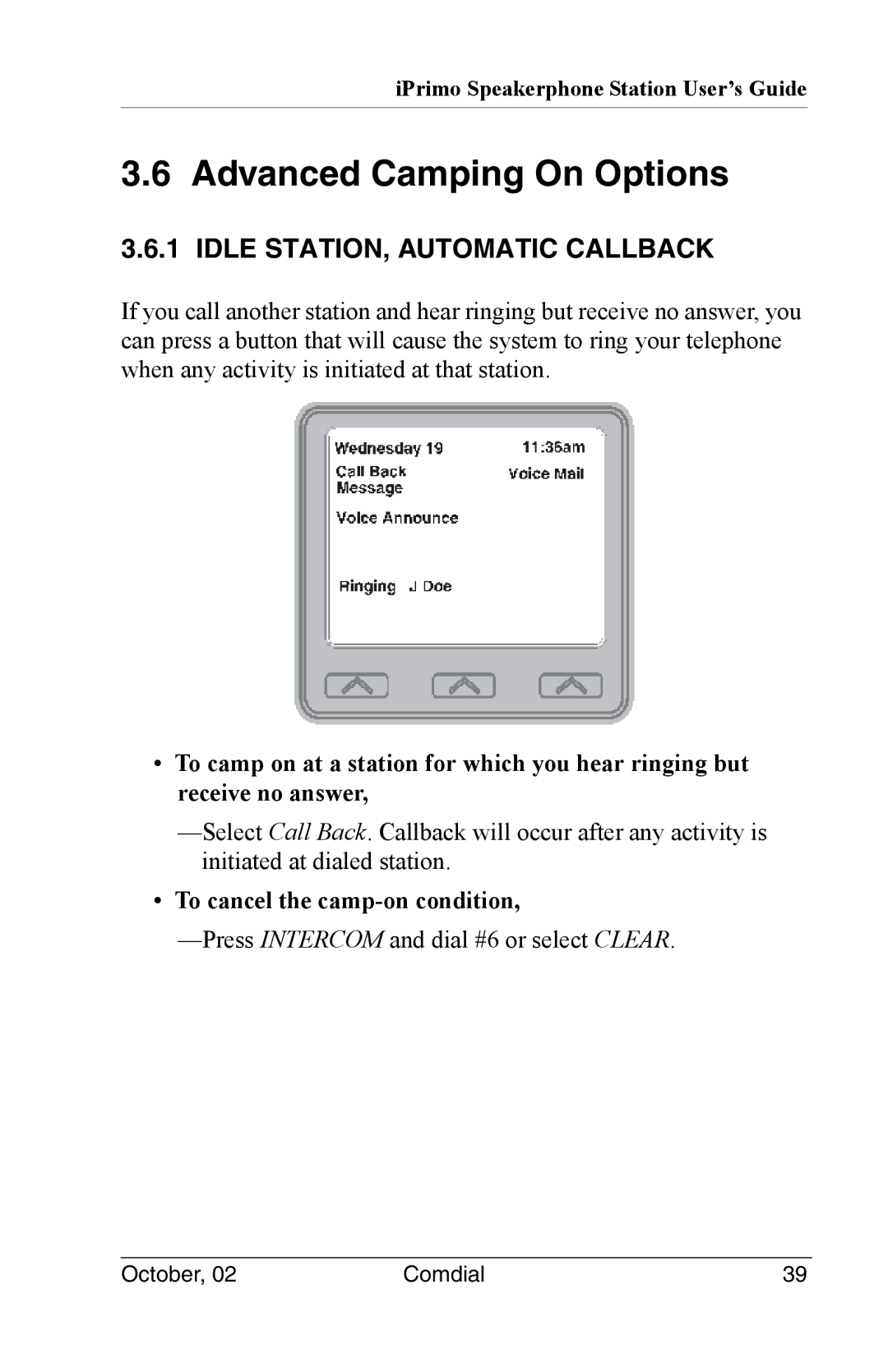 Vertical Communications 8012S manual Advanced Camping On Options, Idle STATION, Automatic Callback 