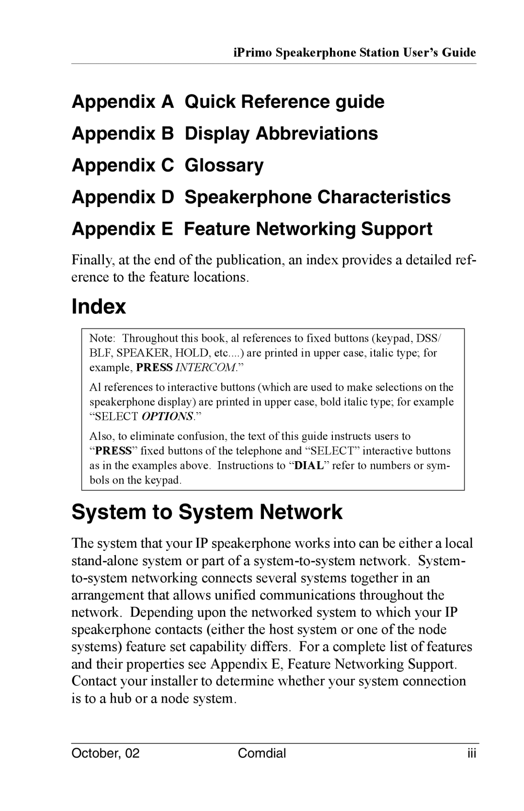 Vertical Communications 8012S manual Index, System to System Network 