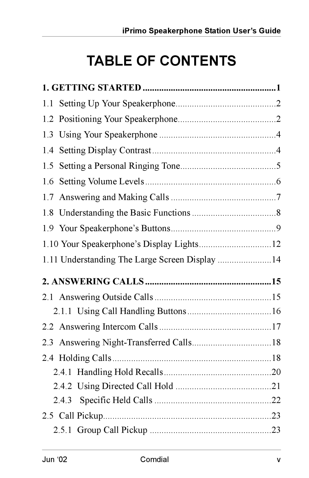 Vertical Communications 8012S manual Table of Contents 