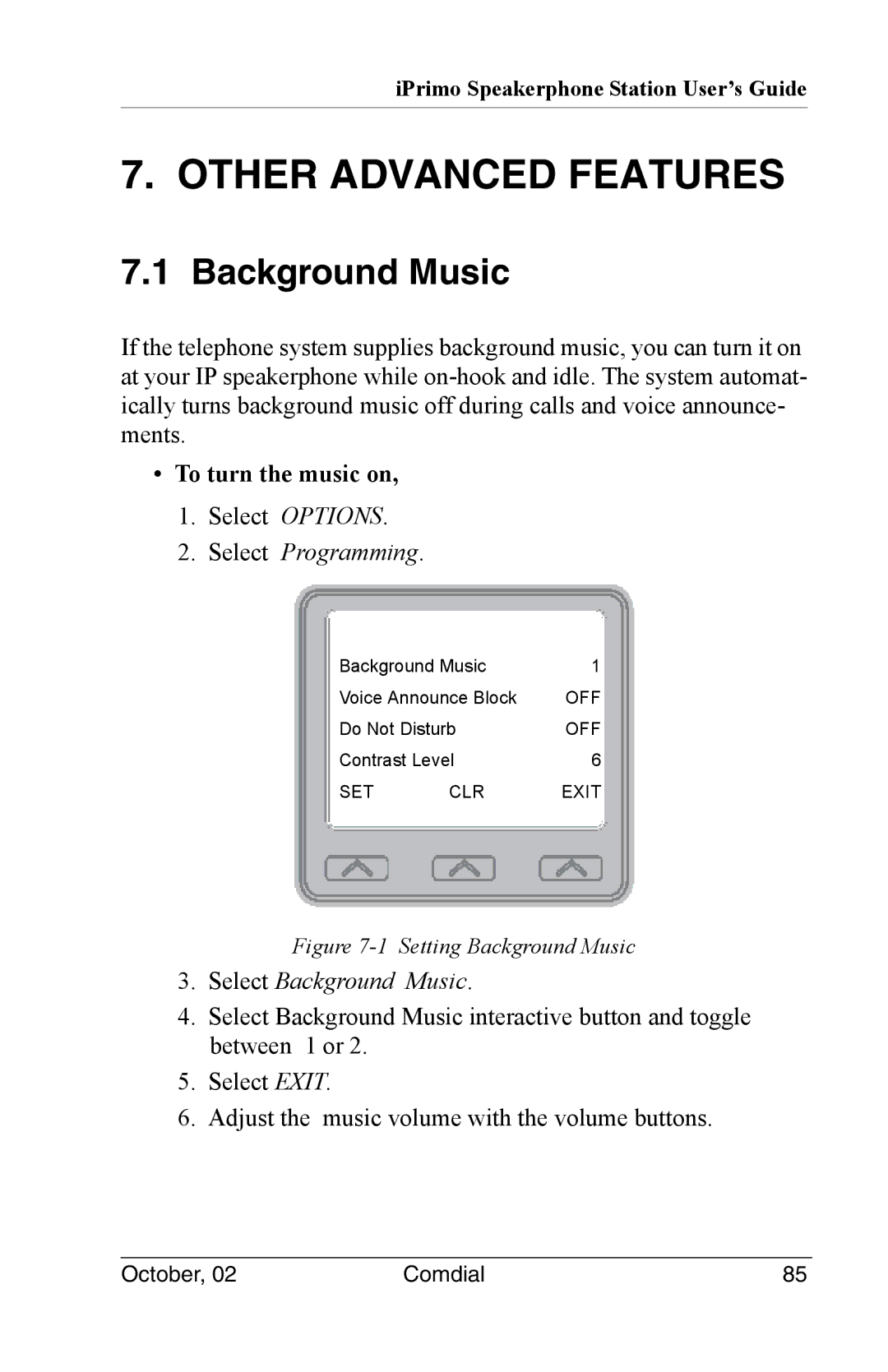 Vertical Communications 8012S manual Background Music, To turn the music on 