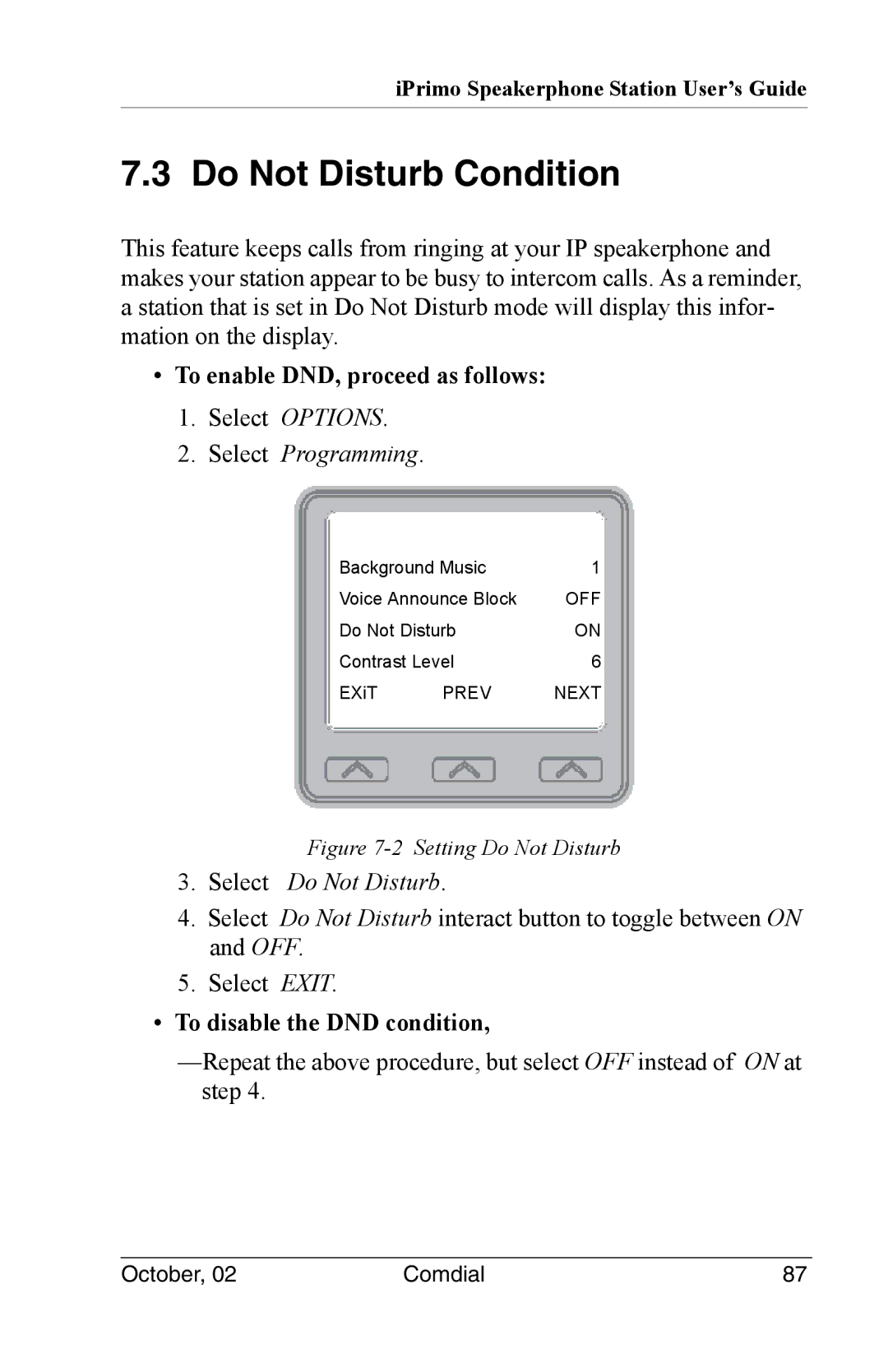 Vertical Communications 8012S Do Not Disturb Condition, To enable DND, proceed as follows, To disable the DND condition 