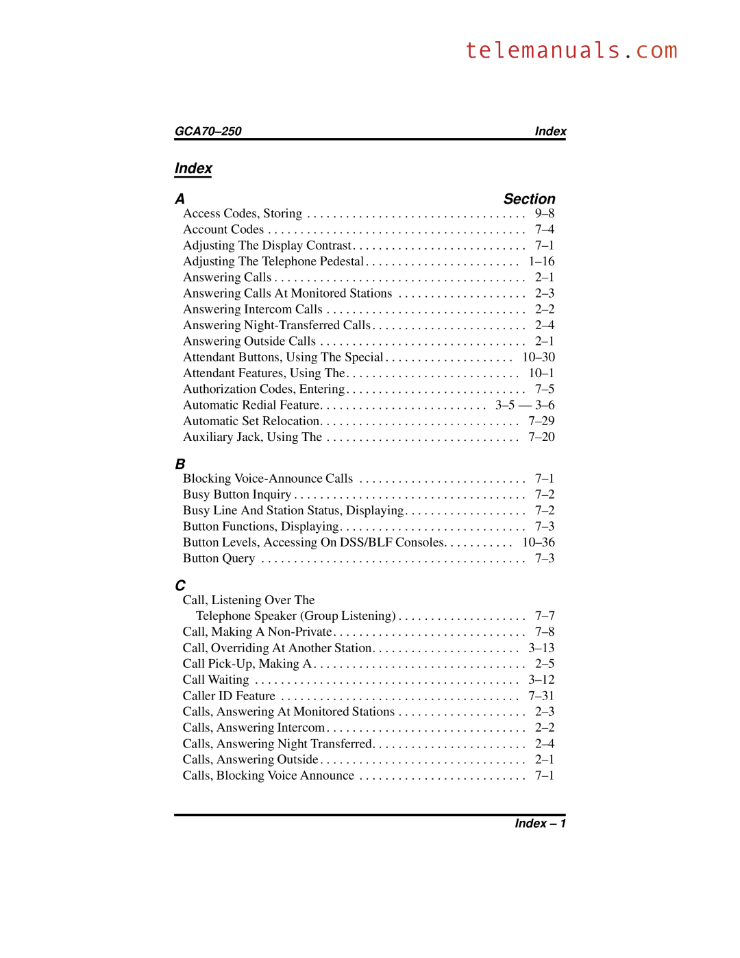 Vertical Communications 8324F, 8312S, 8324S manual Index Section 