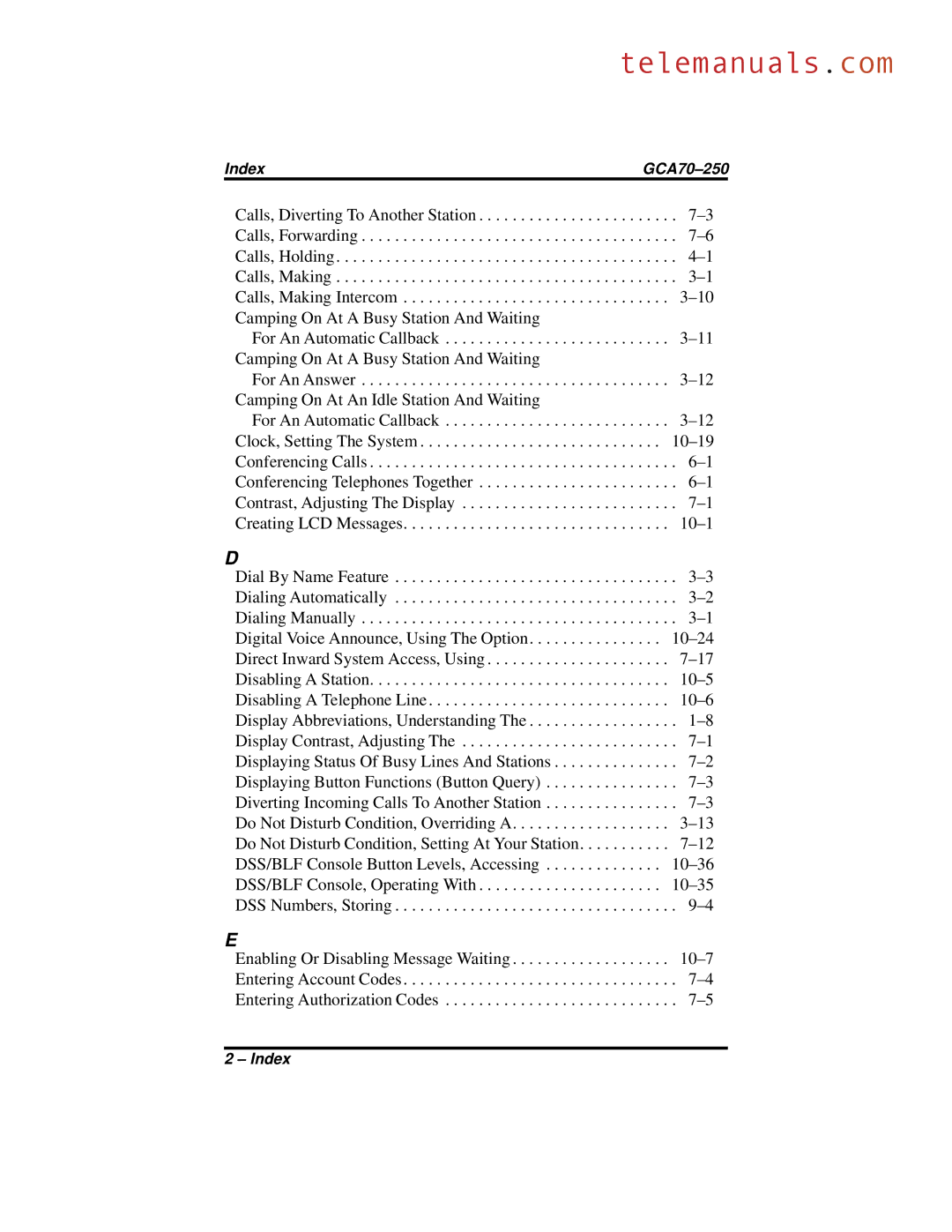 Vertical Communications 8312S, 8324S, 8324F manual Index GCA70-250 